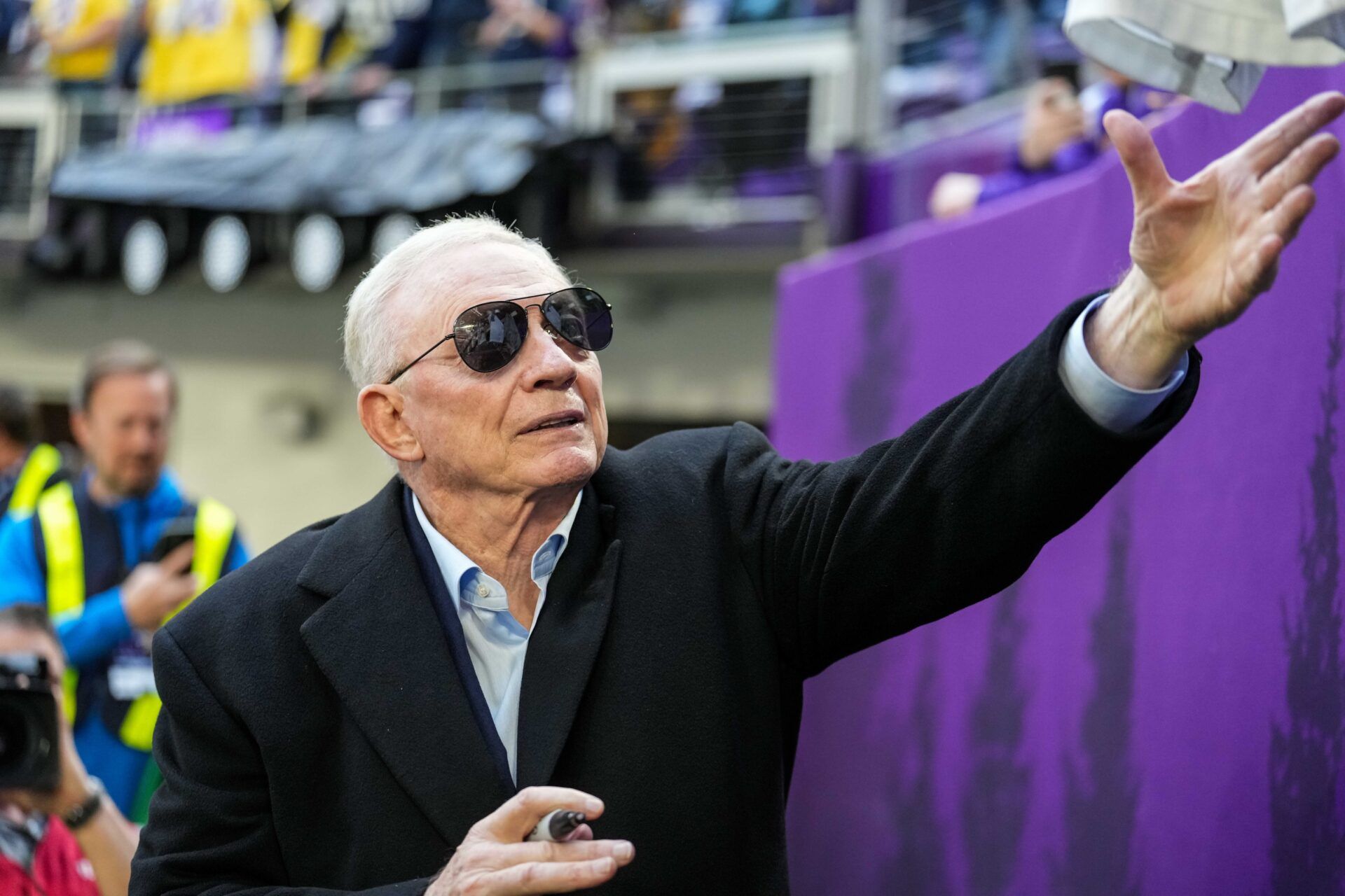 Dallas Cowboys owner Jerry Jones looks on prior to the game against the Minnesota Vikings at U.S. Bank Stadium.