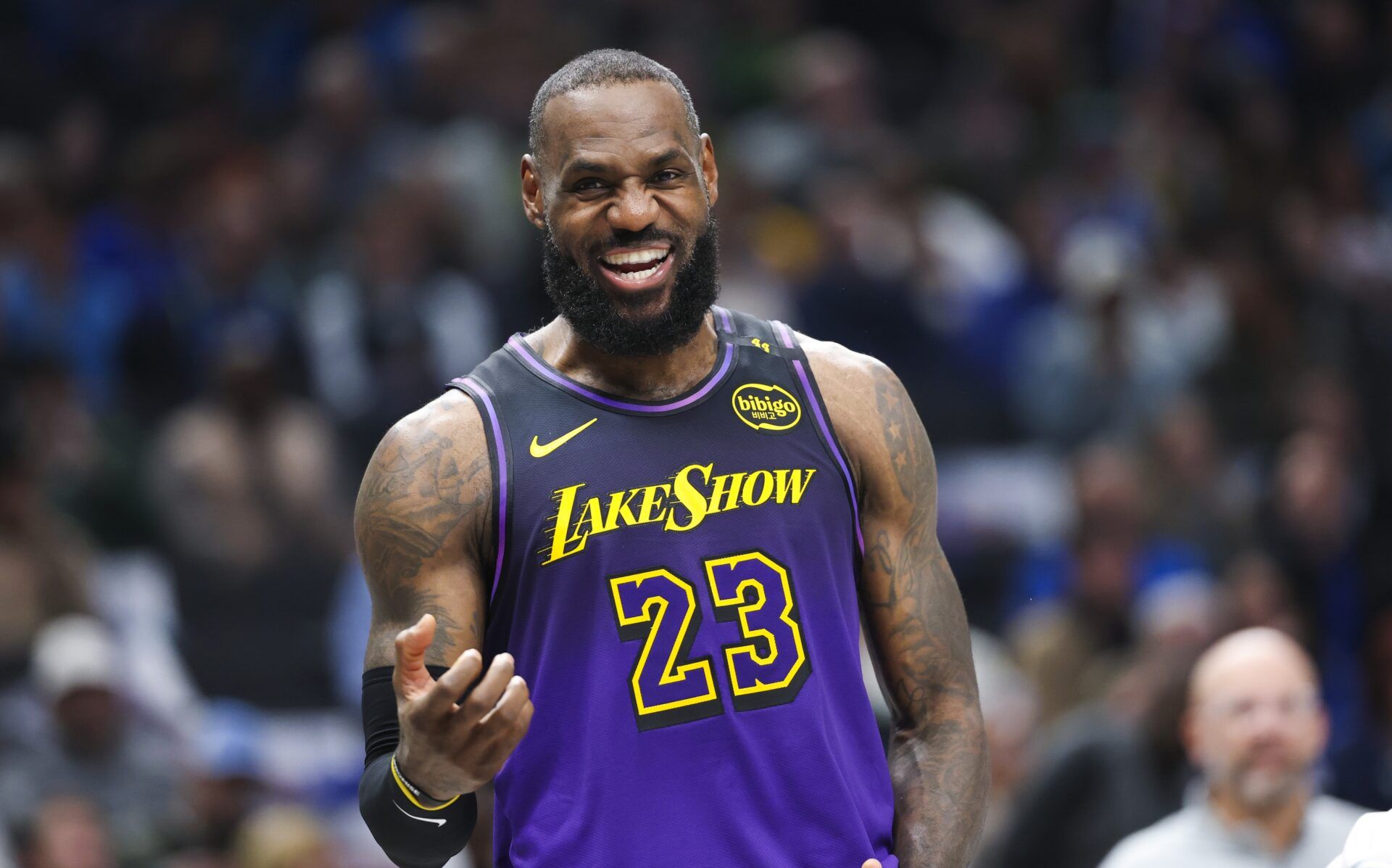 Los Angeles Lakers forward LeBron James (23) laughs during the first half against the Dallas Mavericks at American Airlines Center.