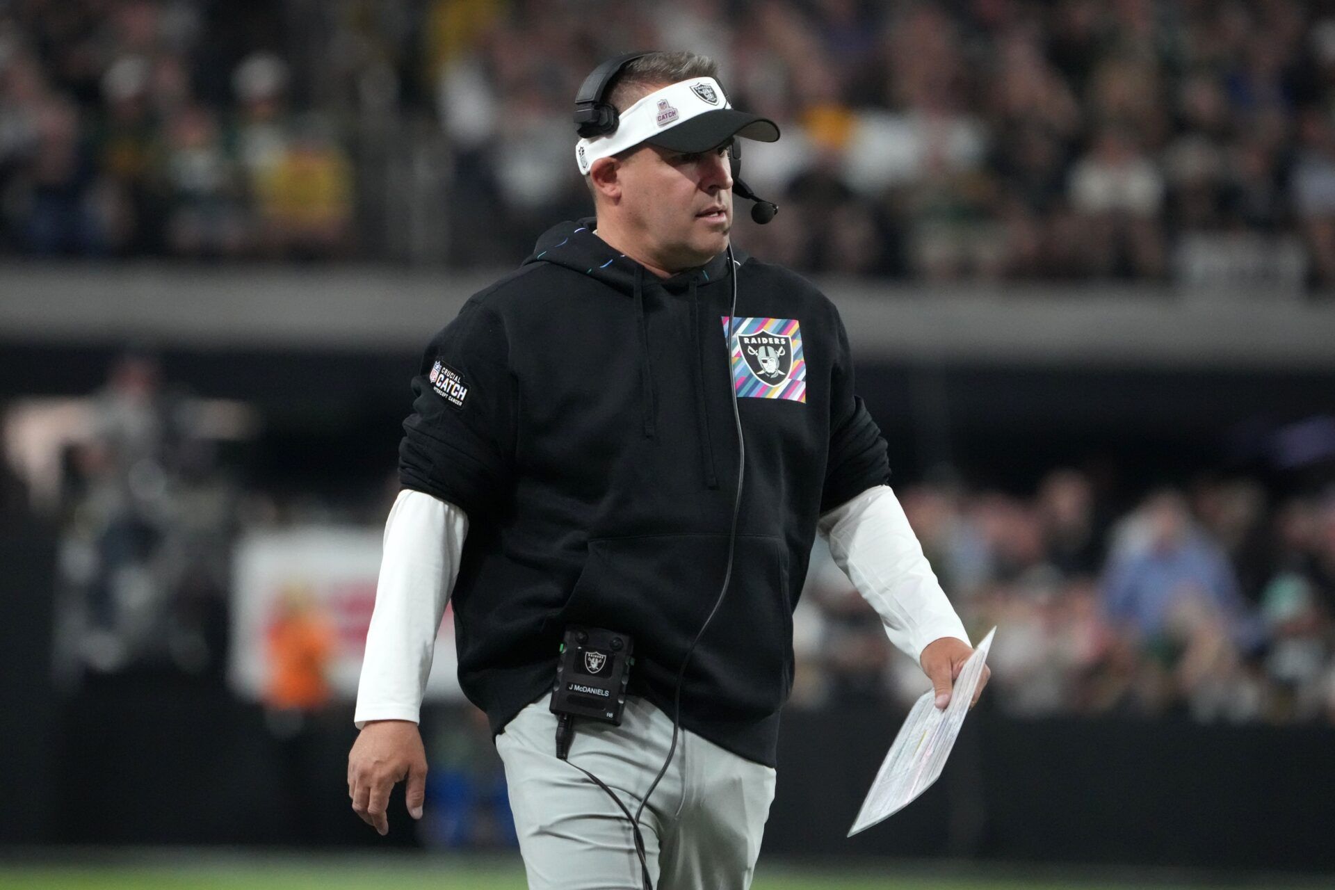 Las Vegas Raiders head coach Josh McDaniels looks down field against the New England Patriots in the fourth quarter at Allegiant Stadium.