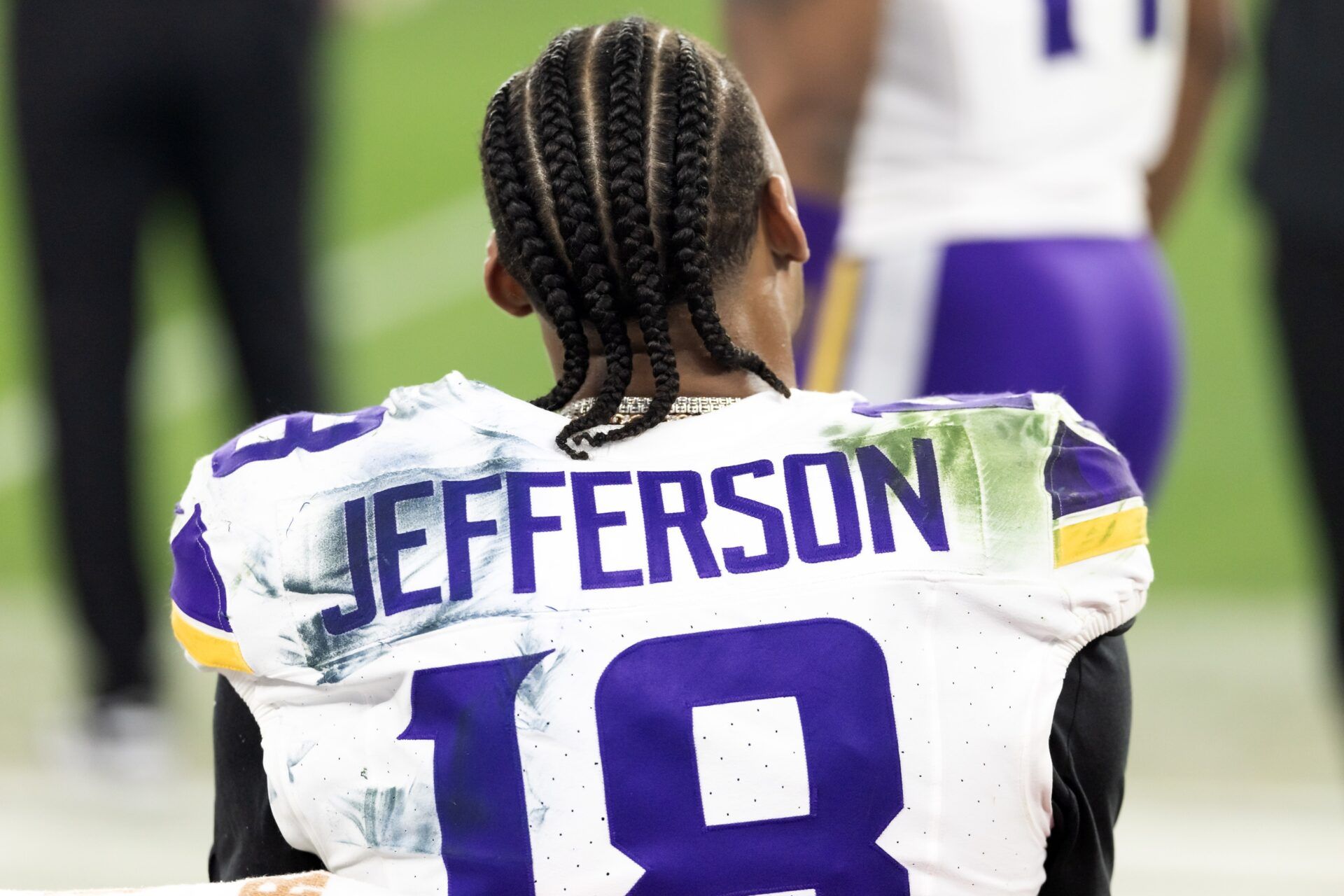 Detailed view of the jersey of Minnesota Vikings wide receiver Justin Jefferson (18) against the Los Angeles Rams during an NFC wild card game at State Farm Stadium.