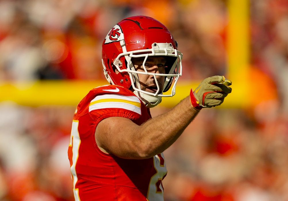 Kansas City Chiefs tight end Travis Kelce (87) celebrates a first down during the first half against the Denver Broncos at GEHA Field at Arrowhead Stadium.