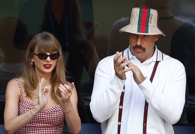 Recording artist Taylor Swift and Kansas City Chiefs tight end Travis Kelce look on in the men’s singles final of the 2024 U.S. Open tennis tournament at USTA Billie Jean King National Tennis Center at Louis Armstrong Stadium.