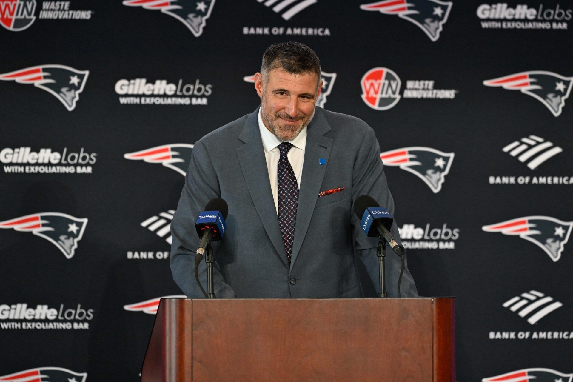 Mike Vrabel addresses media at a press conference to announce his hiring as the New England Patriots head coach at Gillette Stadium.