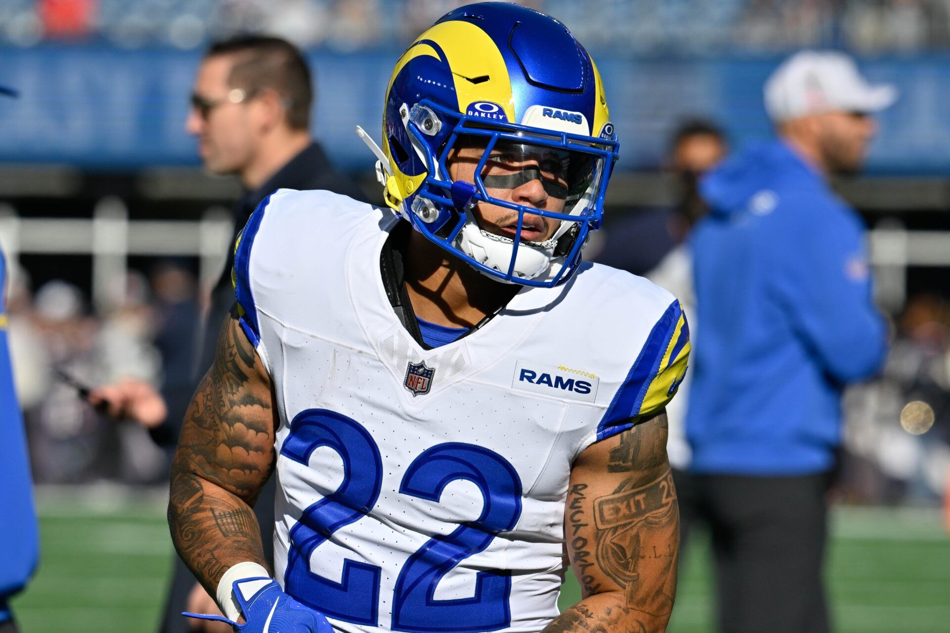 Los Angeles Rams running back Blake Corum (22) warms up before a game against the New England Patriots at Gillette Stadium.