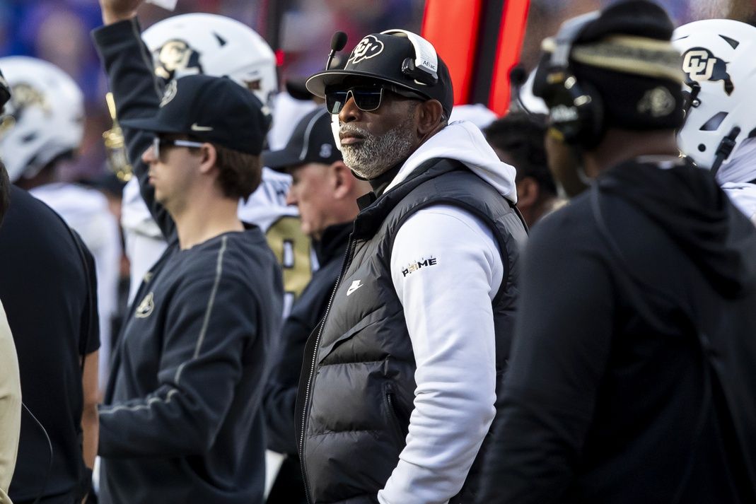 Kansas head coach Lance Leipold during the Colorado head coach Deion Sanders watches the run of play during the 2nd quarter between the Kansas Jayhawks and the Colorado Buffaloes at GEHA Field at Arrowhead Stadium.