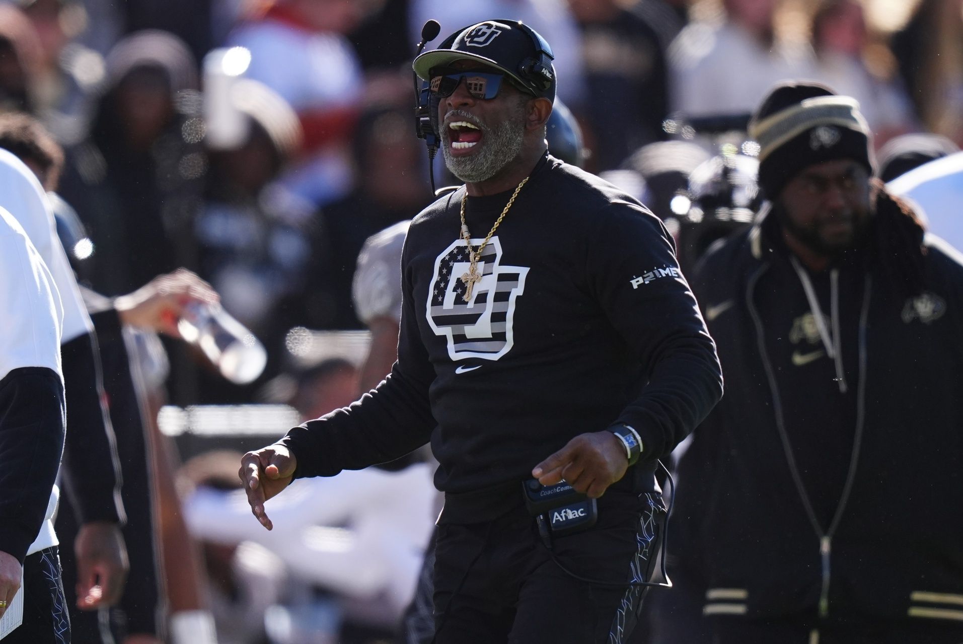 Colorado Buffaloes head coach Deion Sanders reacts in the first quarter against the Utah Utes at Folsom Field.