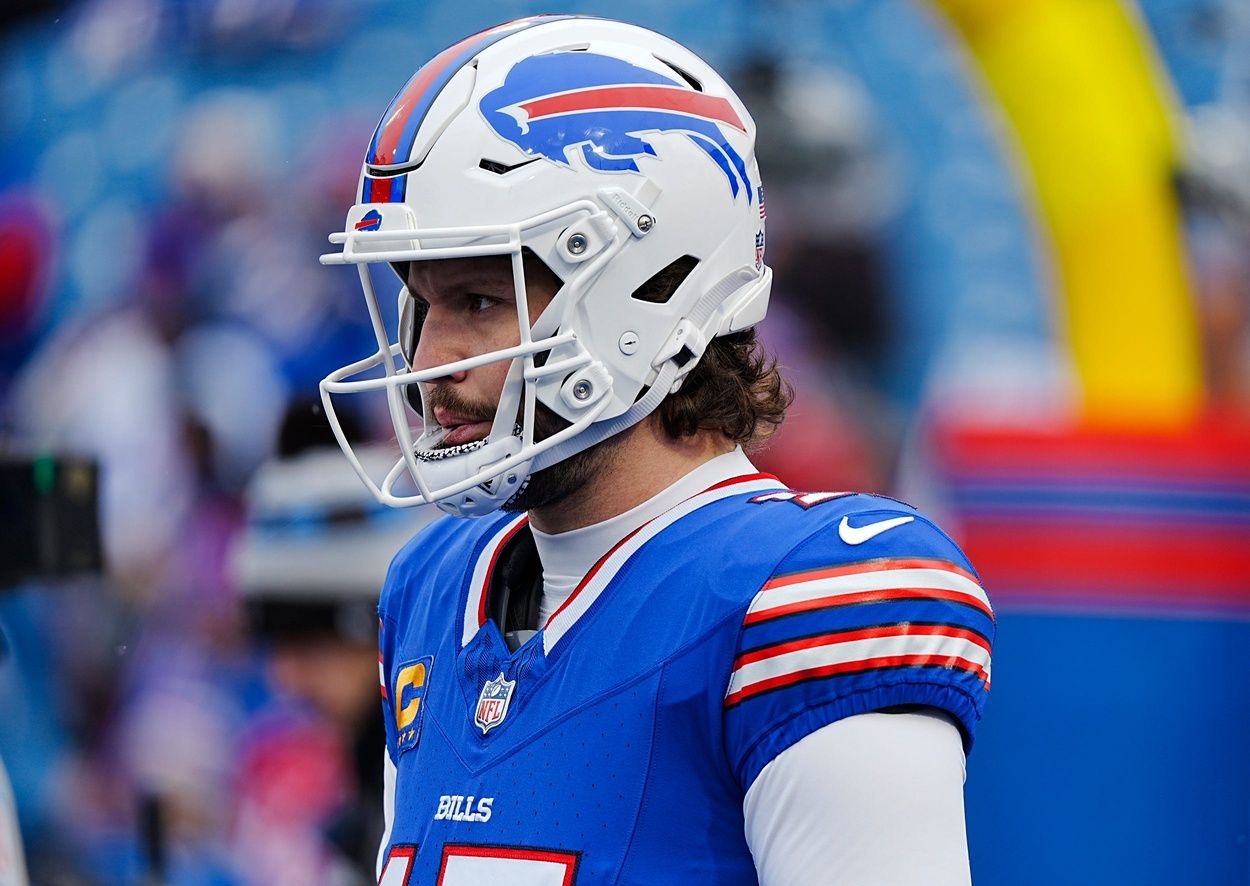 Buffalo Bills quarterback Josh Allen (17) before the Buffalo Bills wild card game against the Denver Broncos at Highmark Stadium in Orchard Park on Jan. 12, 2025.