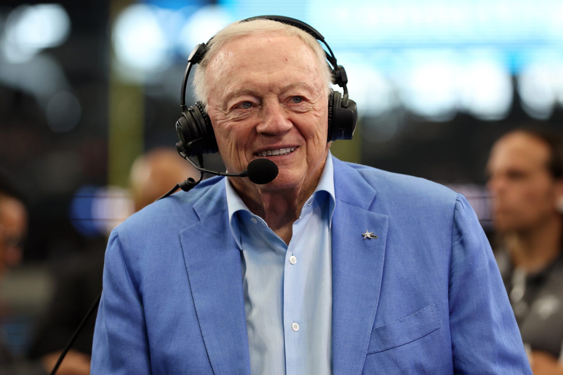 Dallas Cowboys owner Jerry Jones talks to the media before the game against the Los Angeles Chargers at AT&T Stadium.