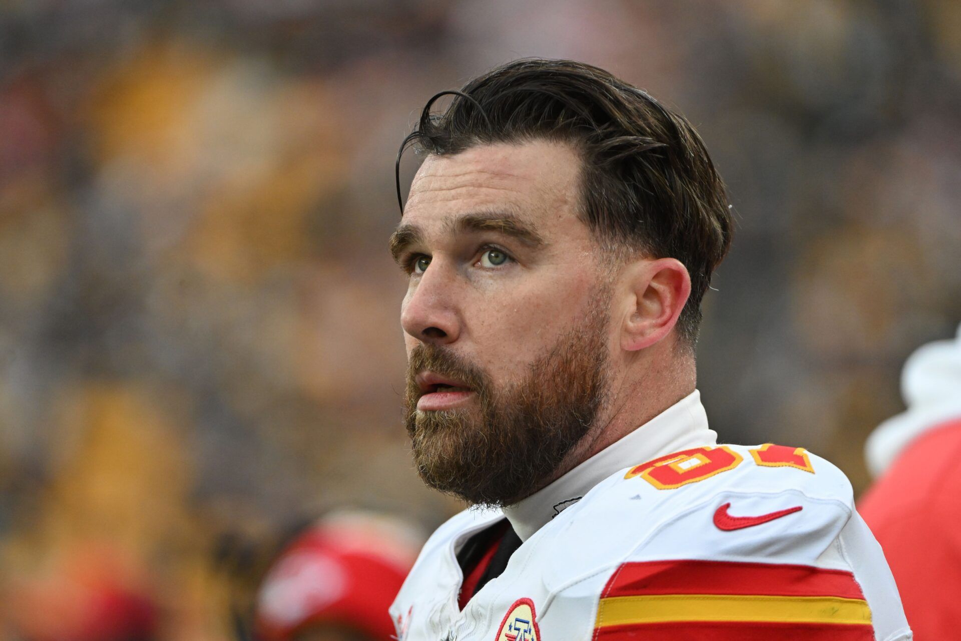 Kansas City Chiefs tight end Travis Kelce (87) watch the action against the Pittsburgh Steelers during the second half at Acrisure Stadium.