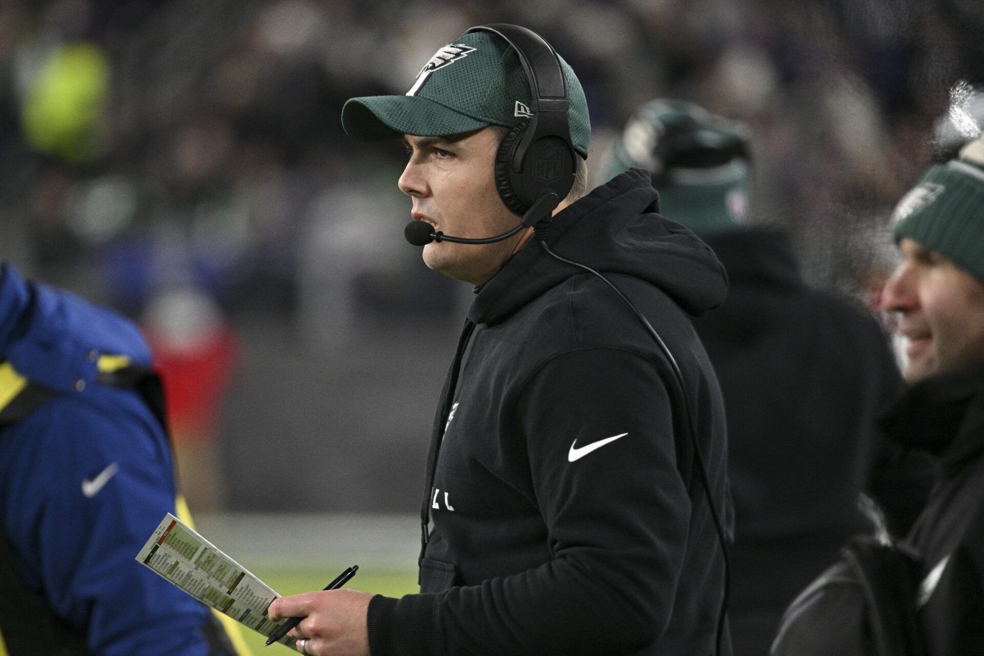 Philadelphia Eagles offensive coordinator Kellen Moore on the sidelines during the first half against the Baltimore Ravens at M&T Bank Stadium.