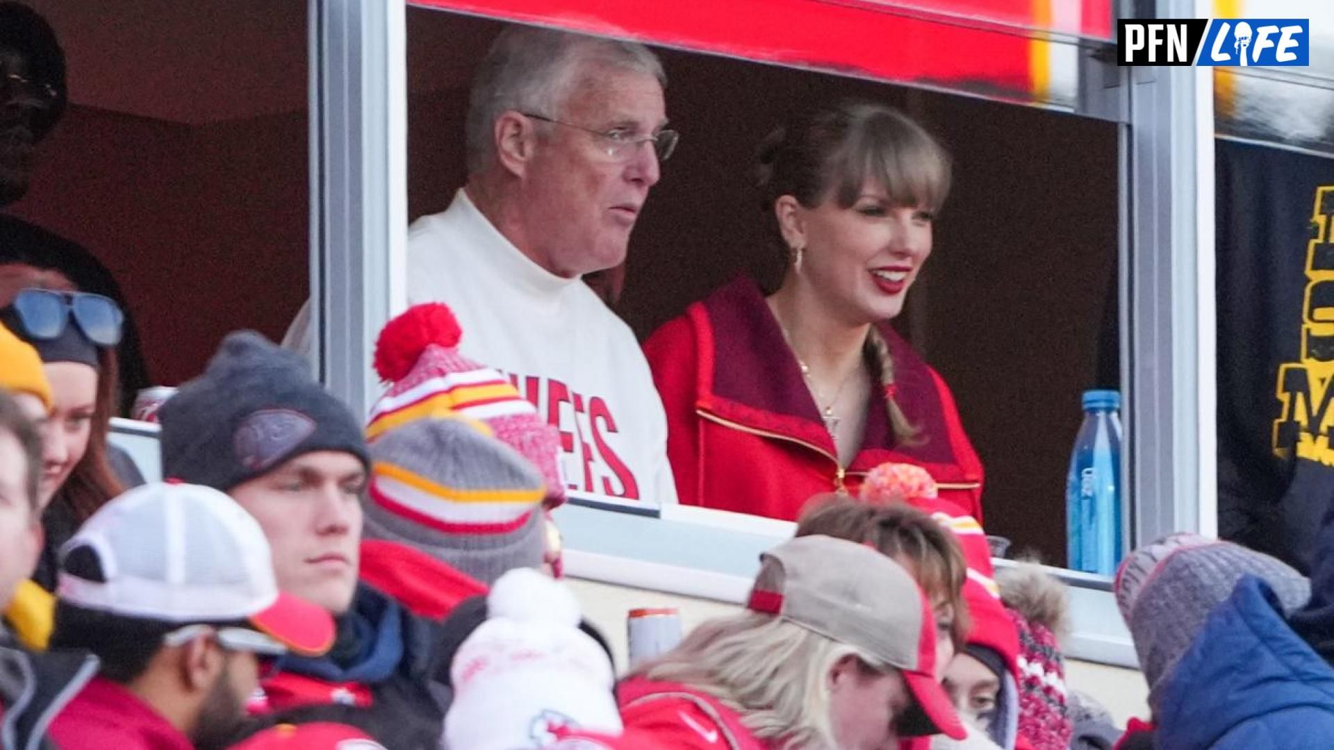 Pop star Taylor Swift watches the game with her father Scott against the Las Vegas Raiders during the first half at GEHA Field at Arrowhead Stadium.