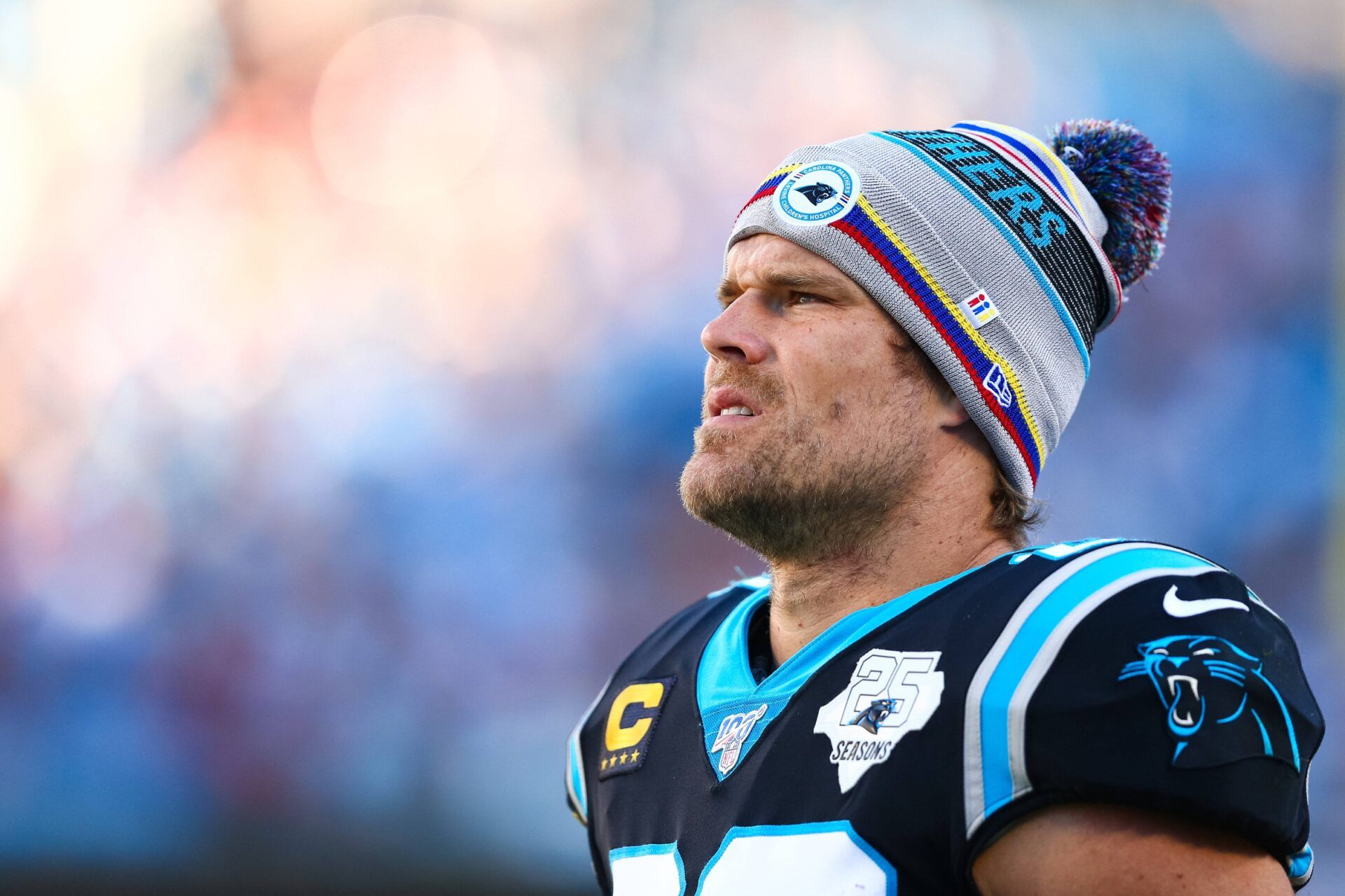 Carolina Panthers tight end Greg Olsen (88) stands on the sidelines during the third quarter during the game against the Washington Redskins at Bank of America Stadium.