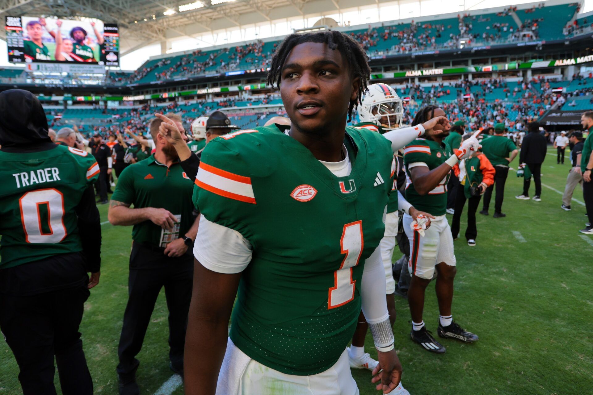 Miami Hurricanes quarterback Cam Ward (1) looks on from the field after the game against the Wake Forest Demon Deacons at Hard Rock Stadium.