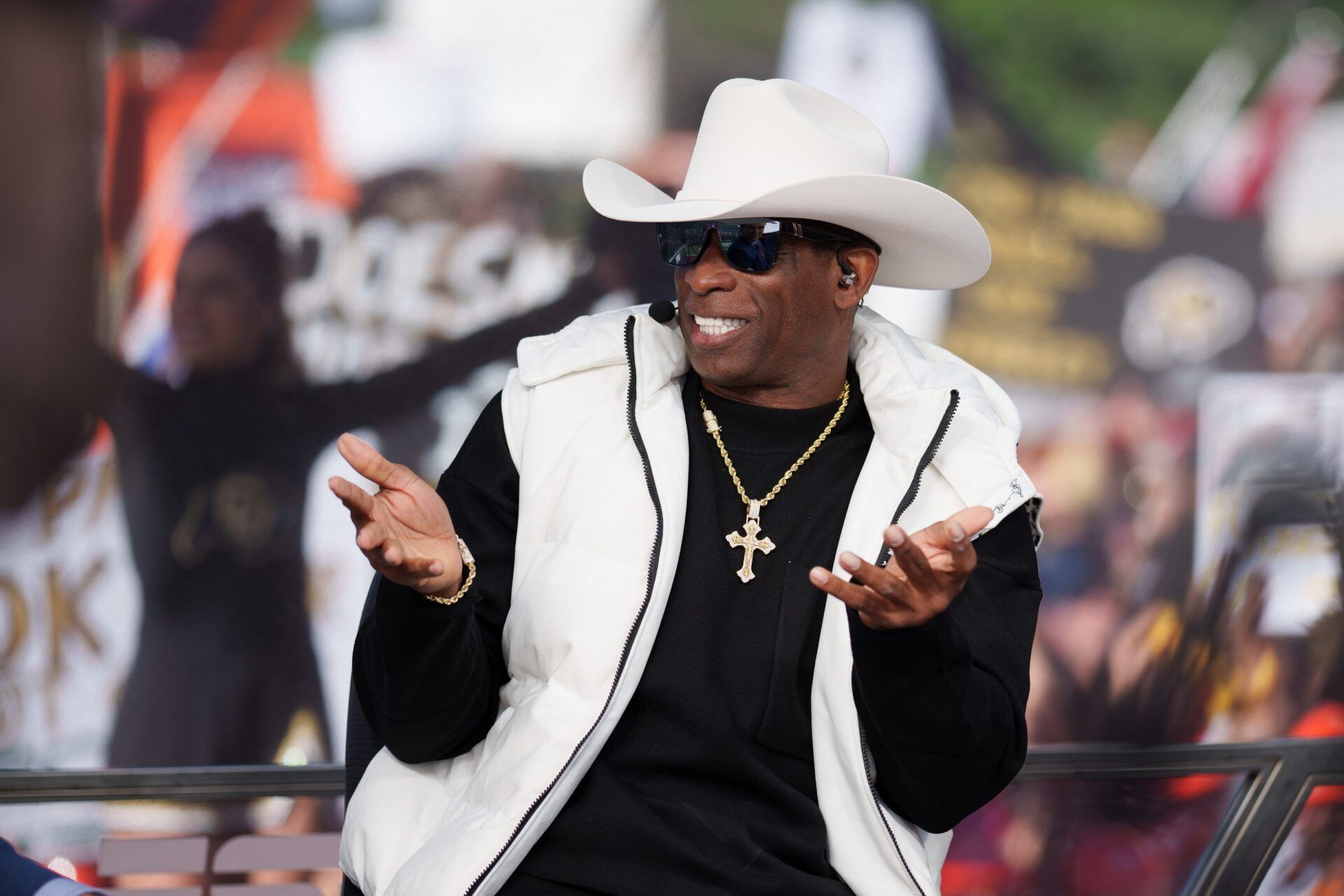 Colorado Buffaloes head coach Deion Sanders on the set of ESPN College GameDay prior to the game between the Colorado Buffaloes and the Colorado State Rams at Folsom Field.