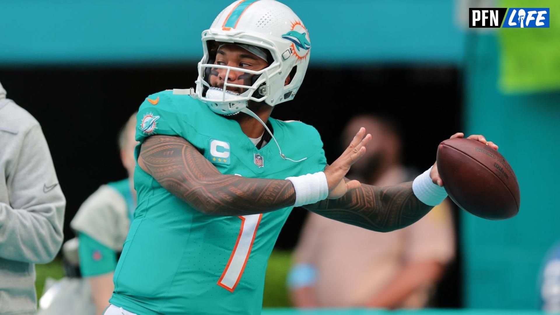 Miami Dolphins quarterback Tua Tagovailoa (1) throws the football before the game against the San Francisco 49ers at Hard Rock Stadium.