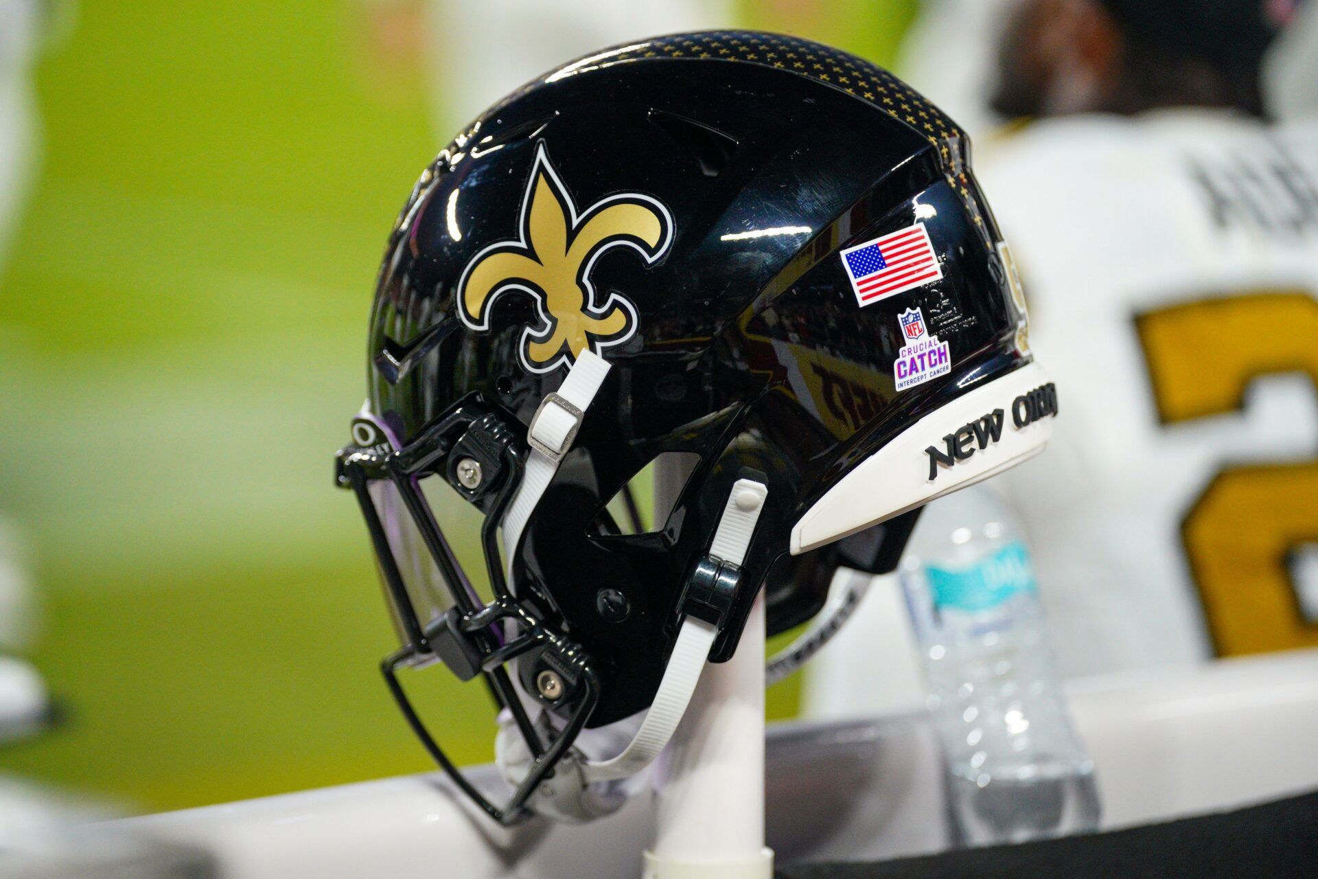 A general view of a New Orleans Saints helmet against the Kansas City Chiefs during the first half at GEHA Field at Arrowhead Stadium.