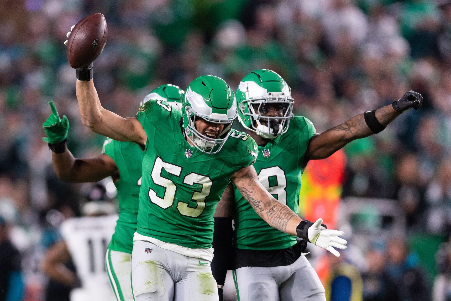 Philadelphia Eagles linebacker Zack Baun (53)] celebrates with safety C.J. Gardner-Johnson (8) after intercepting a Jacksonville Jaguars pass during the second quarter at Lincoln Financial Field.