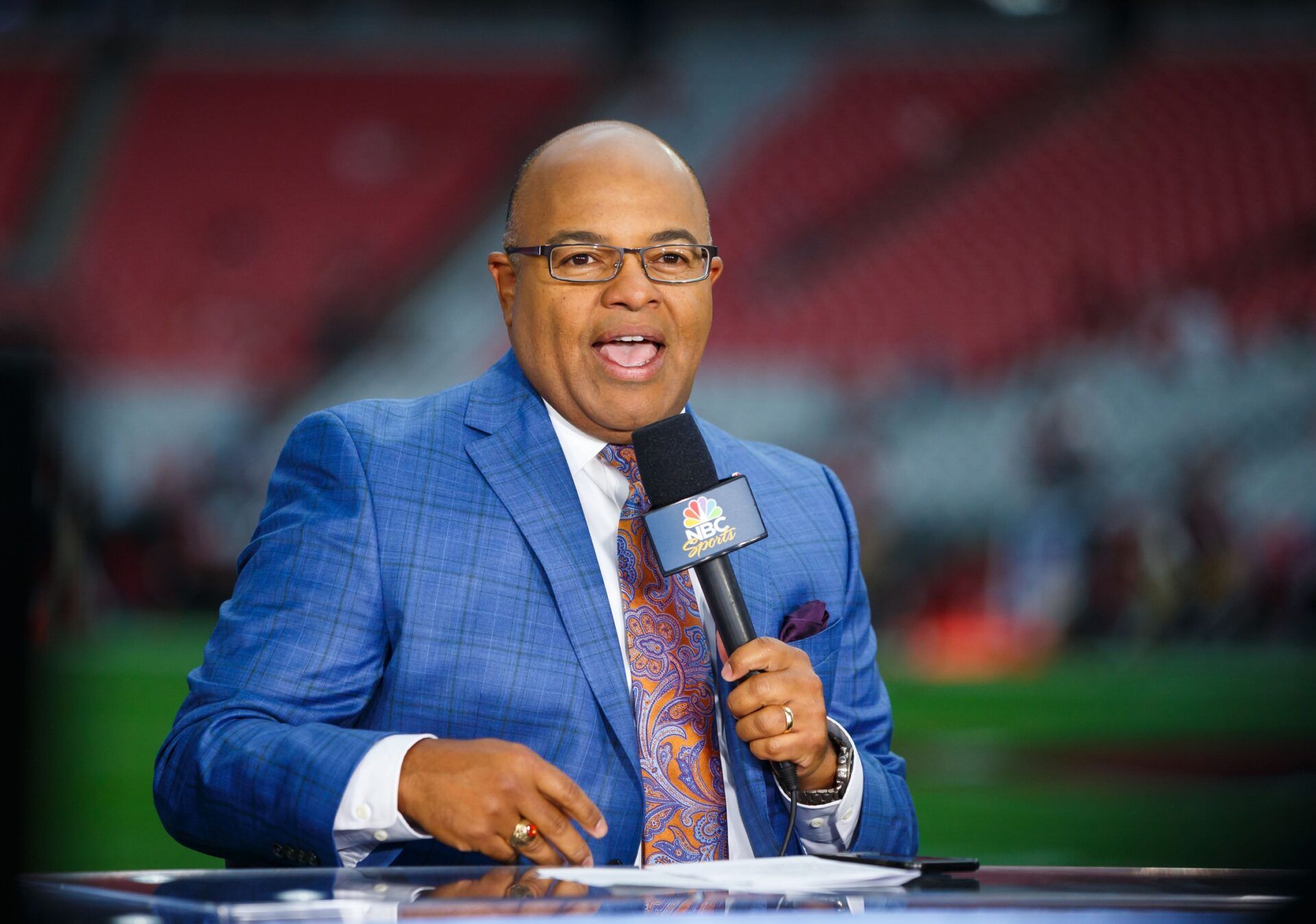 NFL Sunday Night Football announcer/analyst Mike Tirico during the New England Patriots game against the Arizona Cardinals at University of Phoenix Stadium.