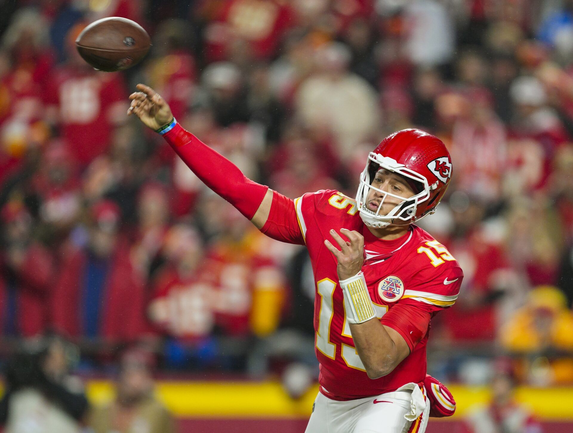 Dec 8, 2024; Kansas City, Missouri, USA; Kansas City Chiefs quarterback Patrick Mahomes (15) throws a pass during the first half against the Los Angeles Chargers at GEHA Field at Arrowhead Stadium. Mandatory Credit: Jay Biggerstaff-Imagn Images