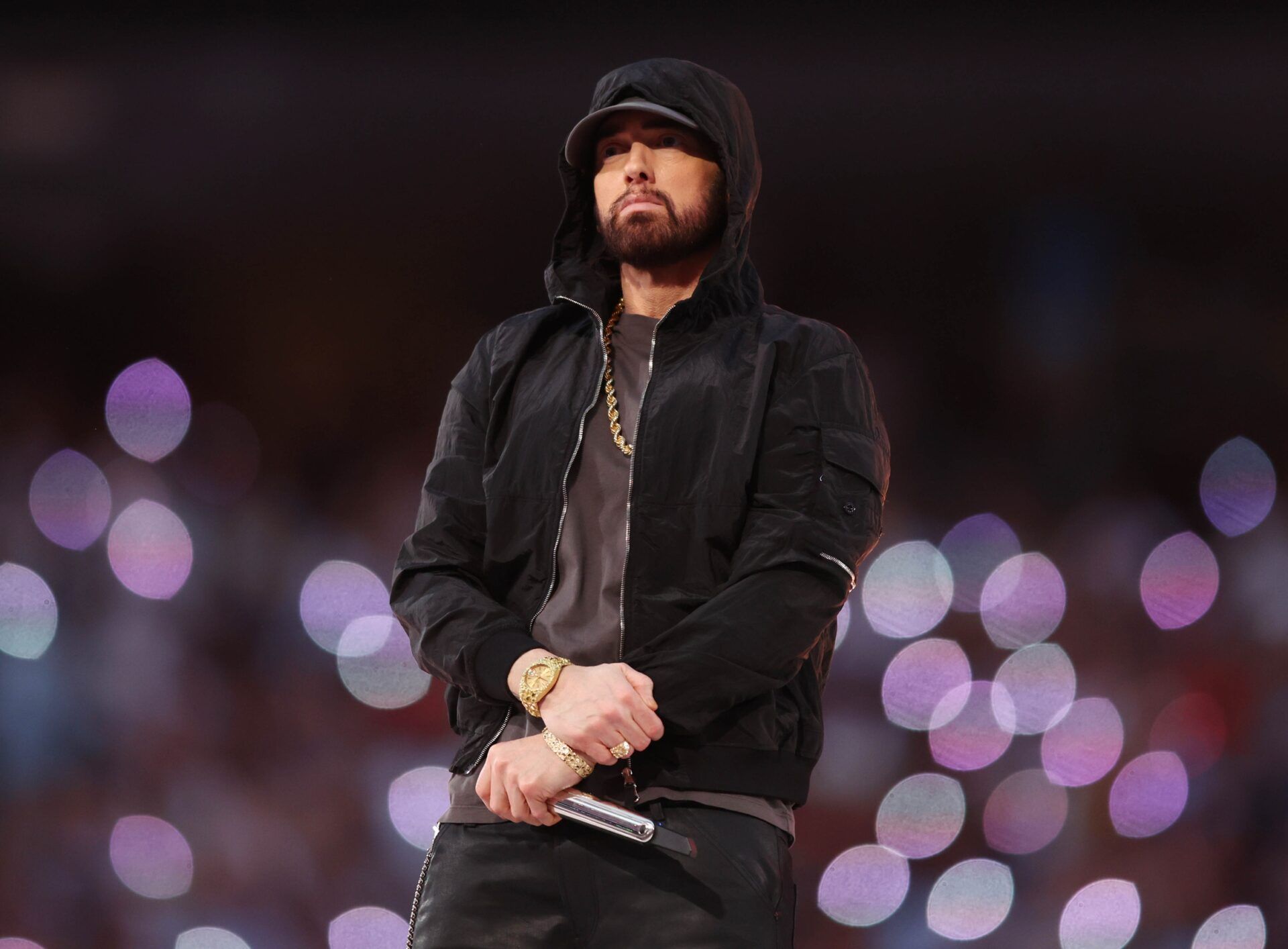 Eminem performs during the halftime show for Super Bowl LVI between the Los Angeles Rams and the Cincinnati Bengals at SoFi Stadium.