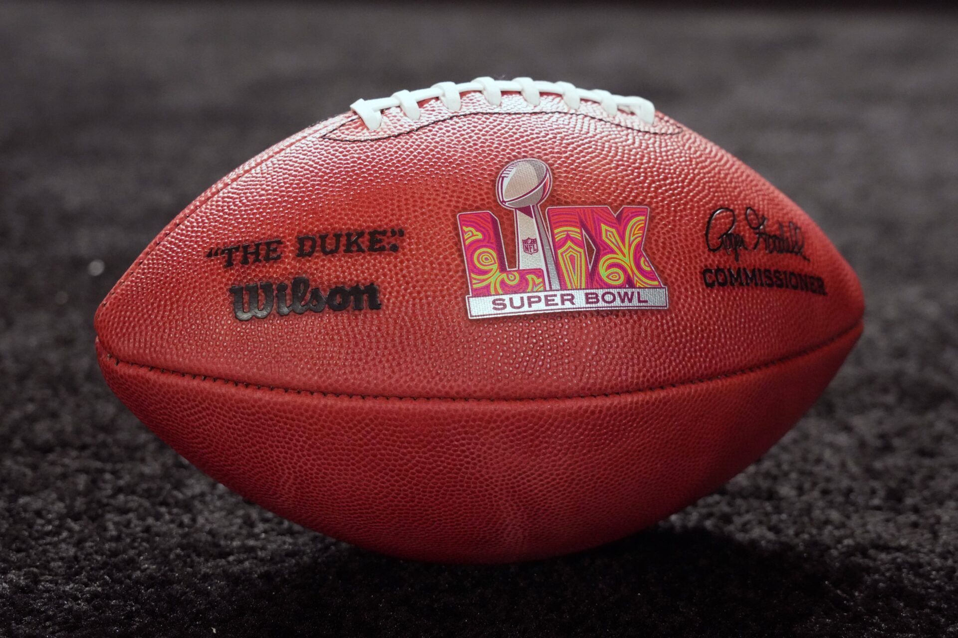 A Wilson official Duke football with Super Bowl LIX logo at the Super Bowl Host Committee Handoff press conference at the Super Bowl LVIII media center at the Mandalay Bay North Convention Center.