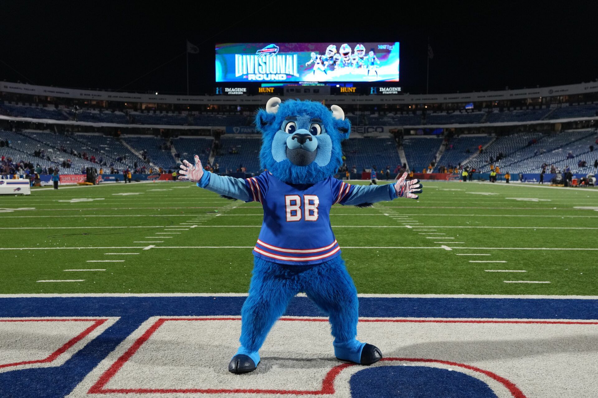 Buffalo Bills mascot Billy Buffalo celebrates defeating the against the Pittsburgh Steelers in a 2024 AFC wild card game at Highmark Stadium.