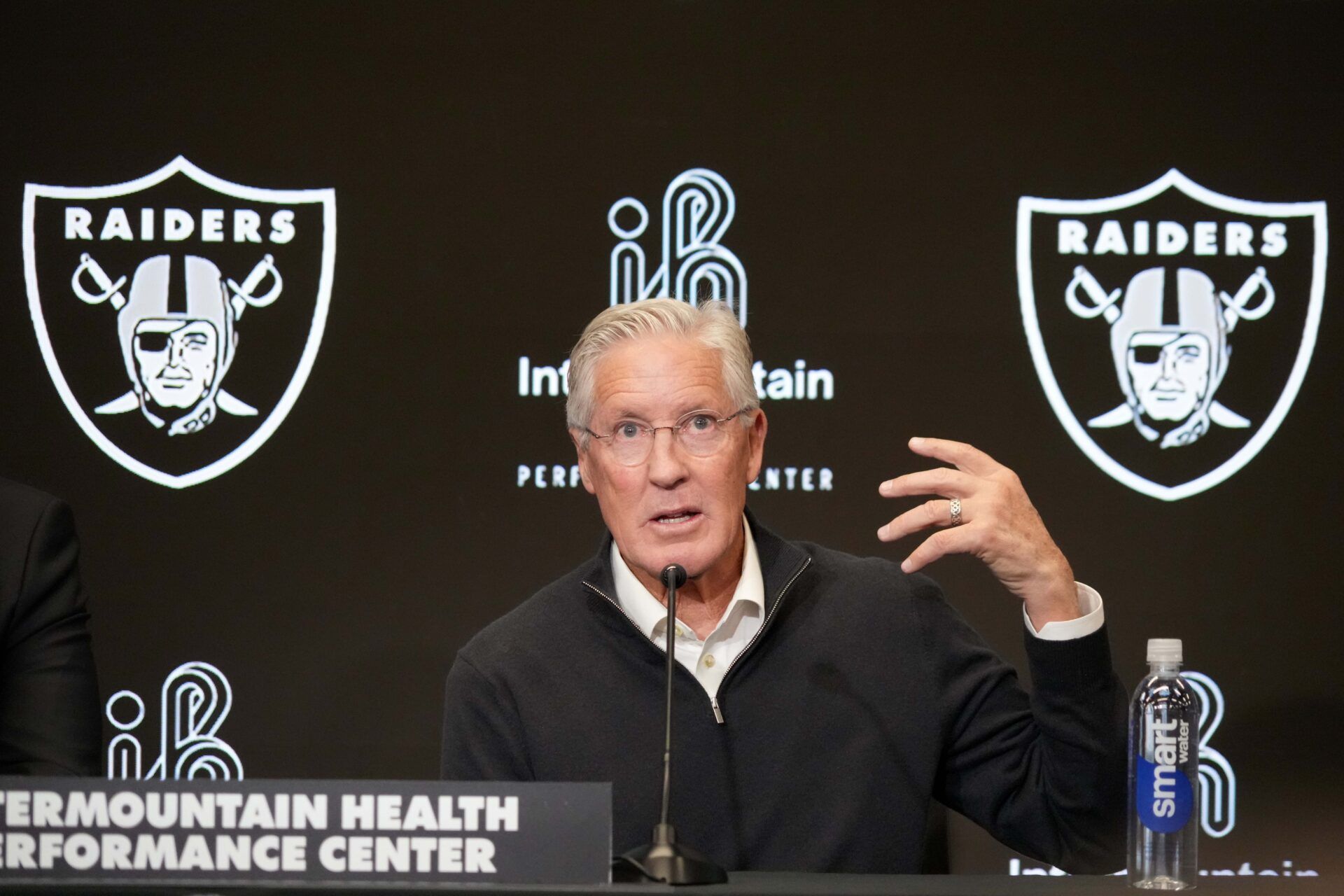 Jan 27, 2025; Las Vegas, NV, USA; Las Vegas Raiders coach Pete Carroll at press conference at Intermountain Health Performance Center. Mandatory Credit: Kirby Lee-Imagn Images