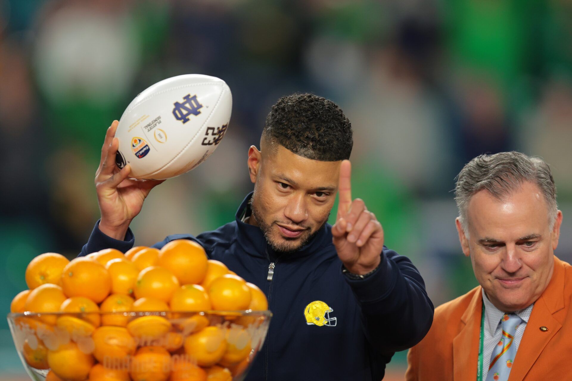 Notre Dame Fighting Irish head coach Marcus Freeman celebrates defeating the Penn State Nittany Lions in the Orange Bowl at Hard Rock Stadium.