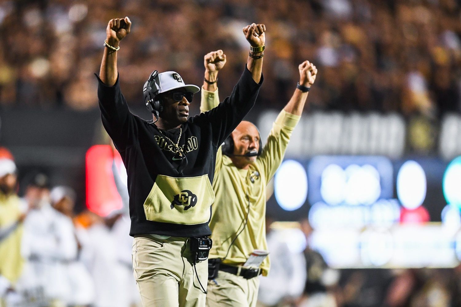 Colorado head coach Deion Sanders reacts during a college football game against Colorado State at Folsom Field on Saturday, Sep. 16, 2023, in Boulder, Colo.