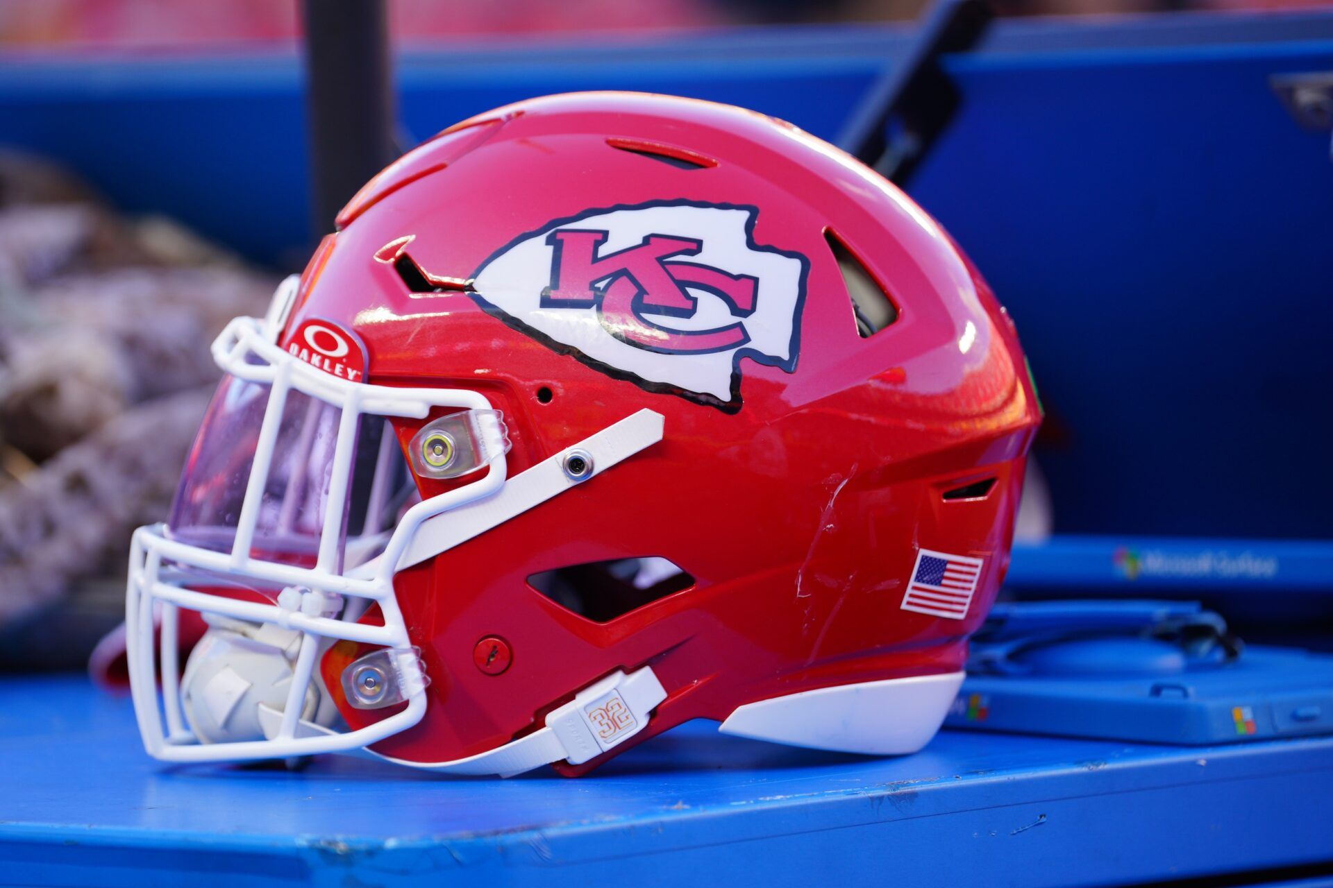 A general view of a Kansas City Chiefs helmet after the win over the Denver Broncos at GEHA Field at Arrowhead Stadium.