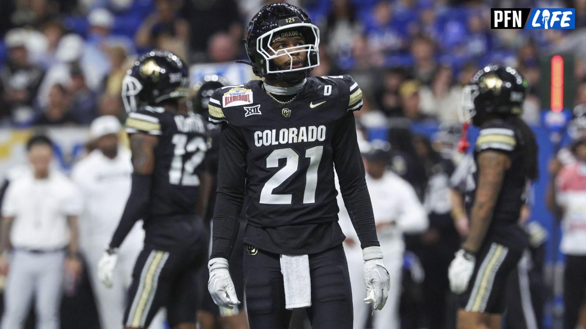 Colorado Buffaloes safety Shilo Sanders (21) looks up during the fourth quarter against the Brigham Young Cougars at Alamodome.