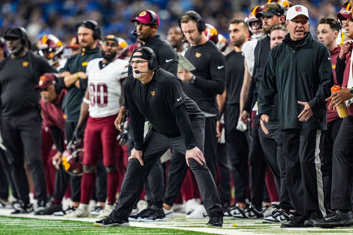 Washington Commanders head coach Dan Quinn on the sideline in the first half against the Detroit Lions in the NFC divisional round at Ford Field in Detroit on Saturday, Jan. 18, 2025.