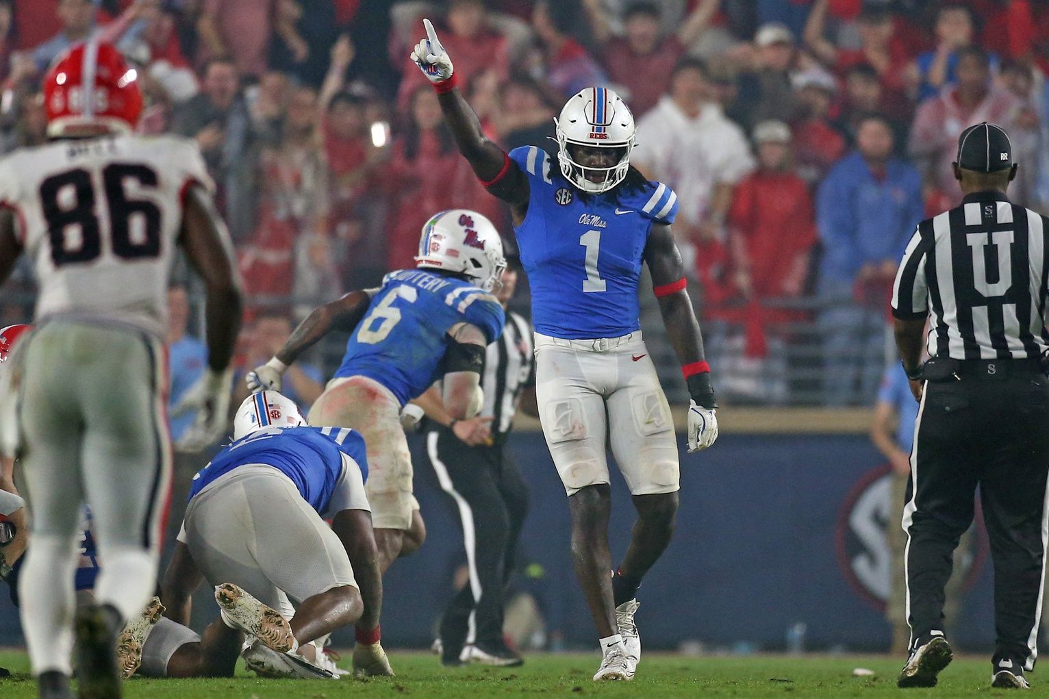 Mississippi Rebels defensive lineman Princely Umanmielen (1) reacts during the second half against the Georgia Bulldogs at Vaught-Hemingway Stadium.