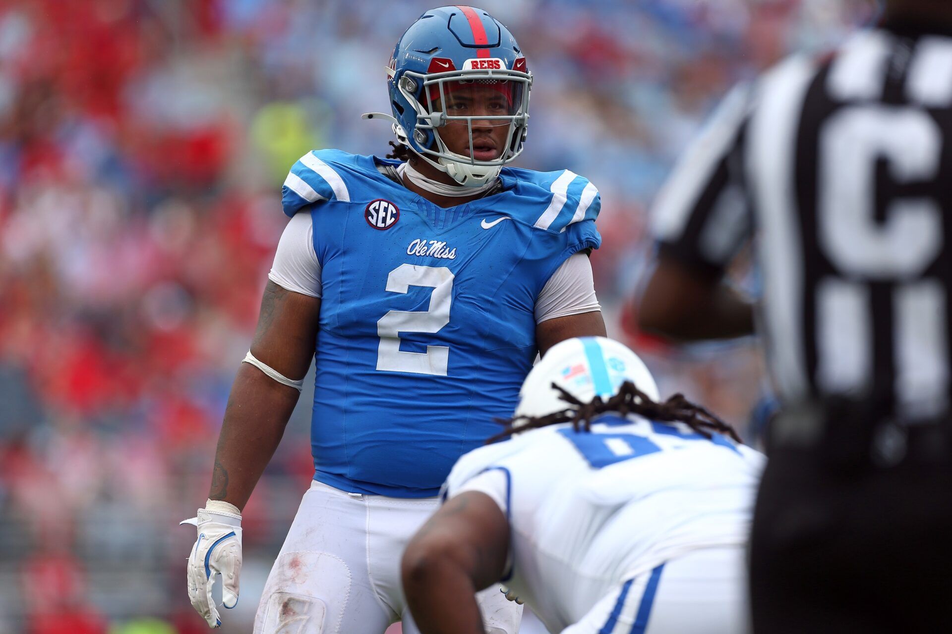 Mississippi Rebels defensive linemen Walter Nolen (2) waits for the snap during the second half against the Kentucky Wildcats at Vaught-Hemingway Stadium.