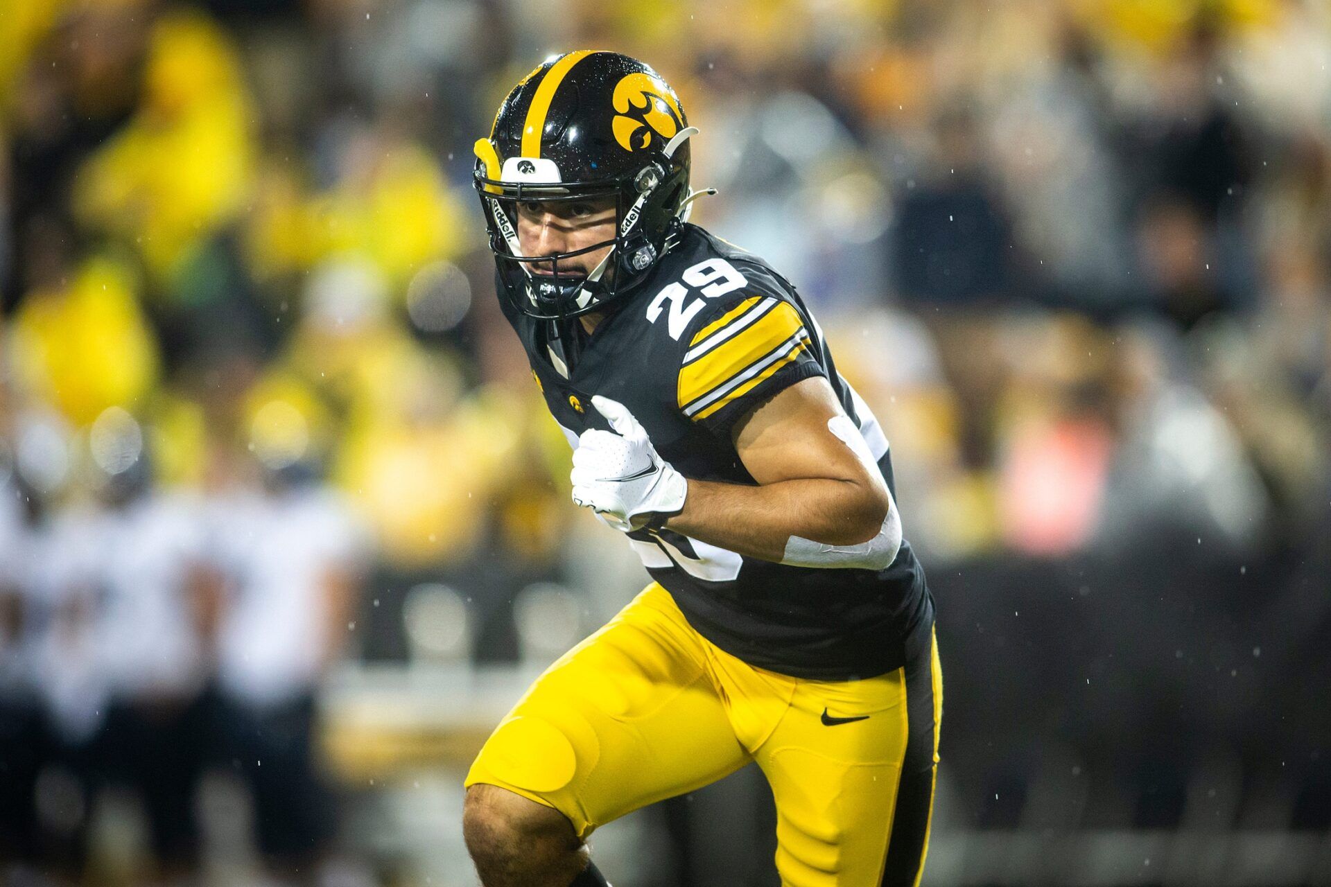 Iowa defensive back Sebastian Castro (29) warms up during a NCAA football game against Nevada, Saturday, Sept. 17, 2022, at Kinnick Stadium in Iowa City, Iowa.