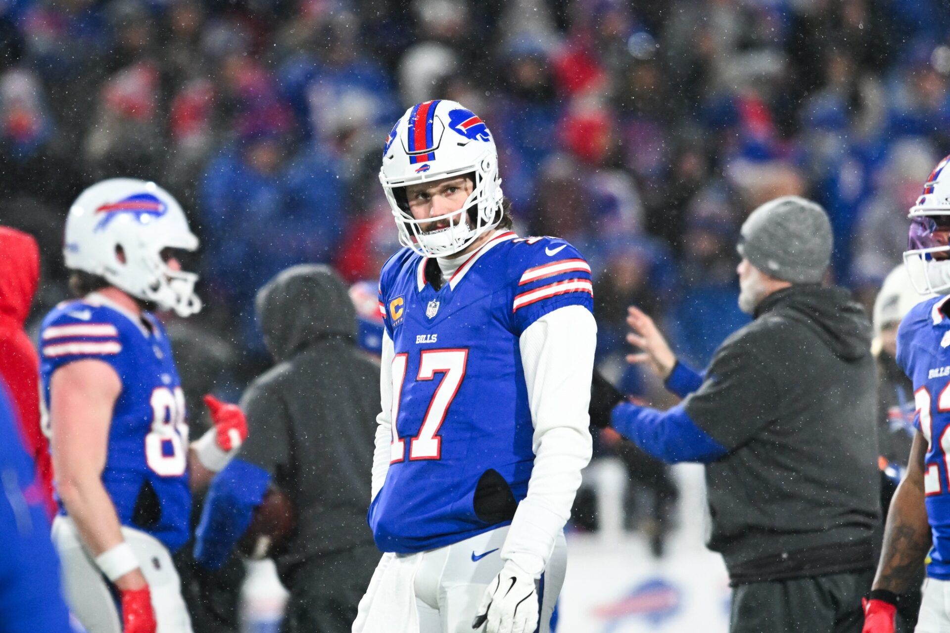 Buffalo Bills quarterback Josh Allen (17) looks on during warm ups before the game against the Baltimore Ravens in a 2025 AFC divisional round game at Highmark Stadium.