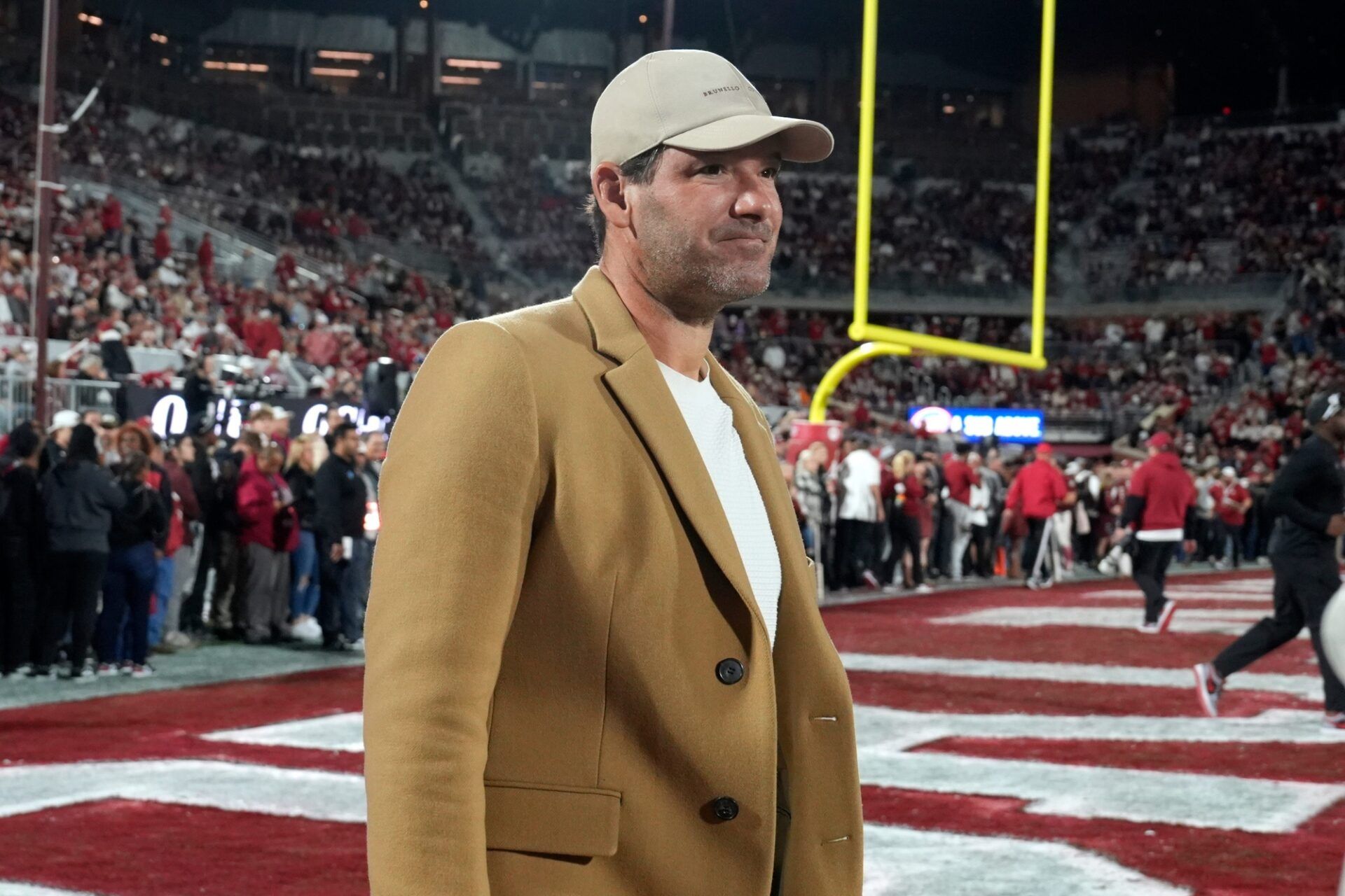 Tony Romo is pictured before a college football game between the University of Oklahoma Sooners (OU) and the Alabama Crimson Tide at Gaylord Family - Oklahoma Memorial Stadium in Norman, Okla., Saturday, Nov. 23, 2024. Oklahoma won 24-3.