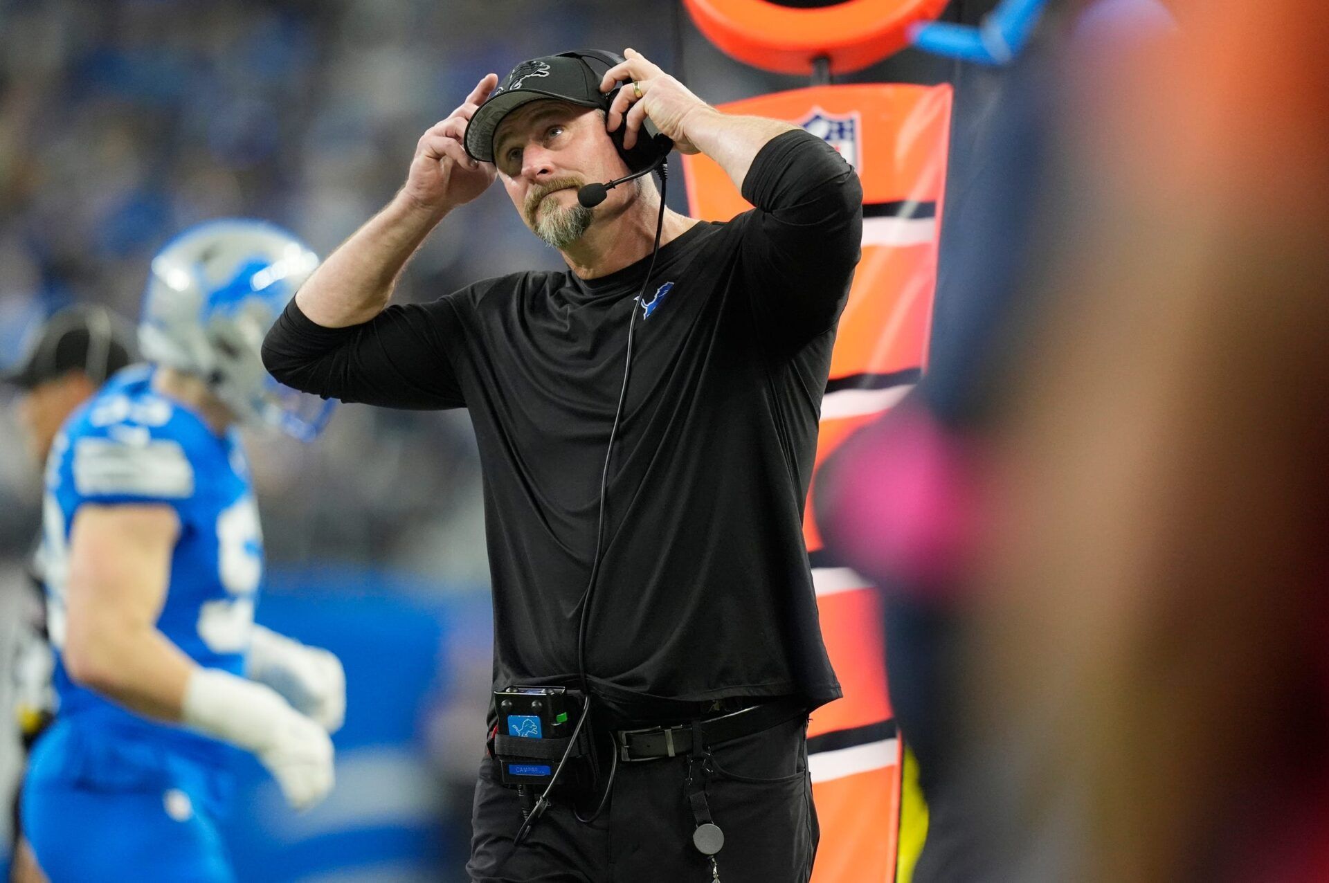 Detroit Lions head coach Dan Campbell watches from the sidelines in the first quarter against the Washington Commanders in the NFC divisional round at Ford Field in Detroit on Saturday, Jan. 18, 2025.