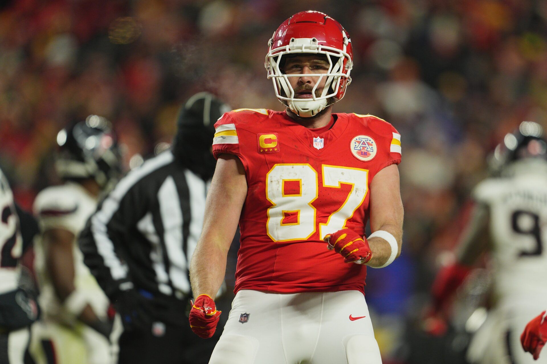 Kansas City Chiefs tight end Travis Kelce (87) reacts after a pass reception against the Houston Texans during the fourth quarter of a 2025 AFC divisional round game at GEHA Field at Arrowhead Stadium.