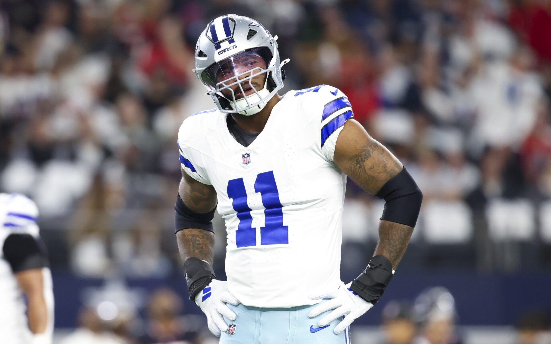 Dallas Cowboys linebacker Micah Parsons (11) reacts during the first quarter against the Houston Texans at AT&T Stadium.