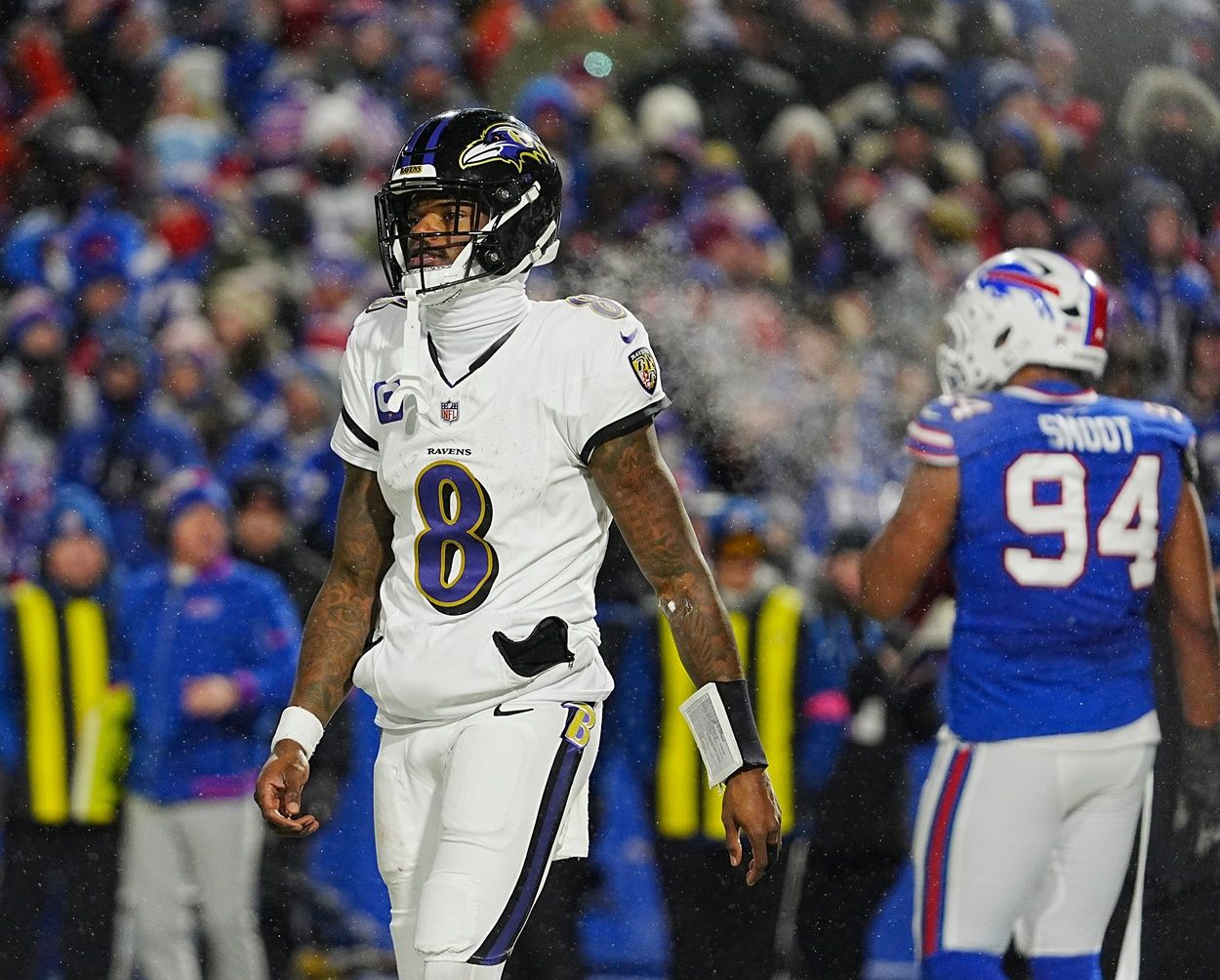 Baltimore Ravens quarterback Lamar Jackson reacts to not getting the two-point conversion attempt during second half action at the Buffalo Bills divisional game against the Baltimore Ravens at Highmark Stadium in Orchard Park on Jan. 19, 2025.