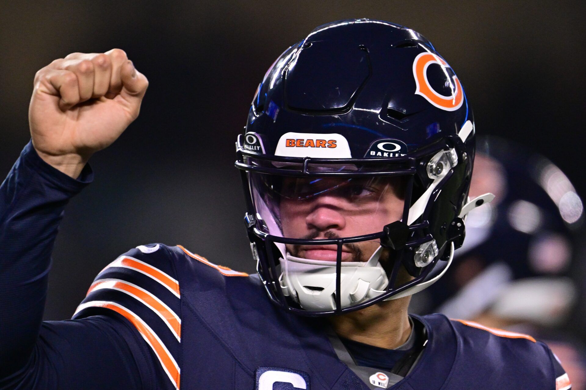 Chicago Bears quarterback Caleb Williams (18) warms up before the game against the Seattle Seahawks at Soldier Field.