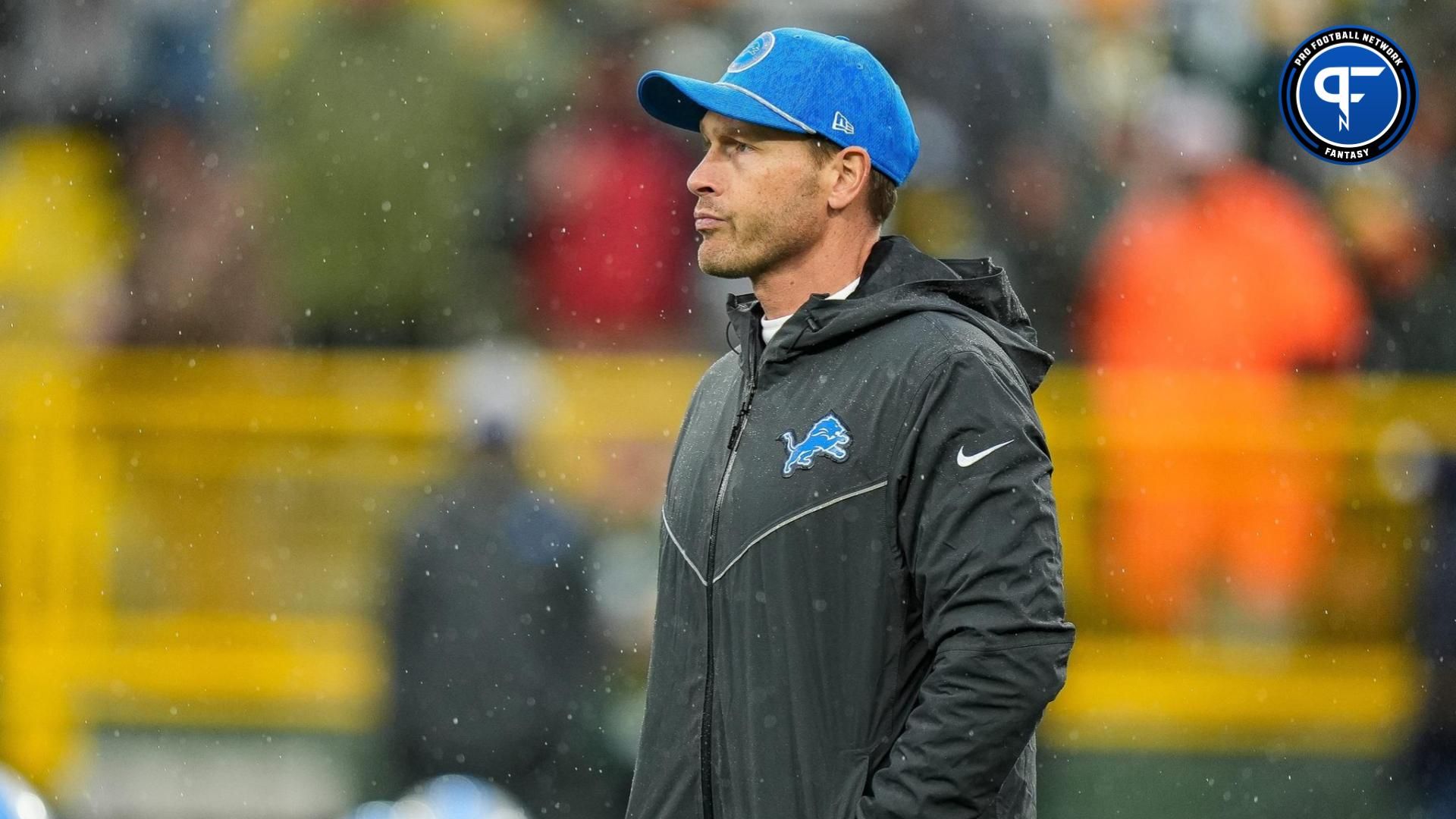 Detroit Lions offensive coordinator Ben Johnson watches warm up before the Green Bay Packers game at Lambeau Field in Green Bay, Wis. on Sunday, Nov. 3, 2024.