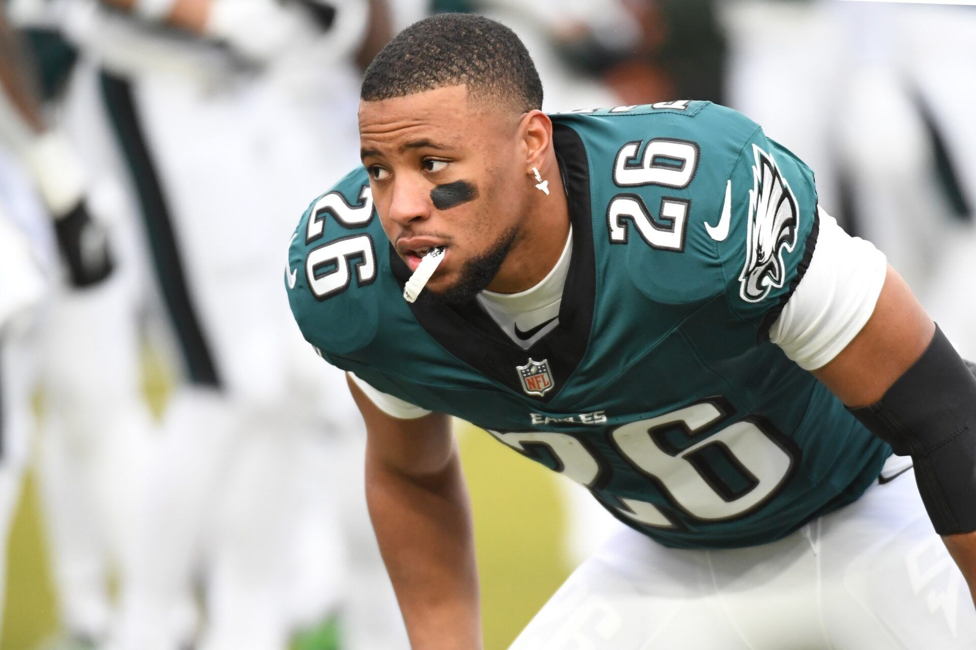 Philadelphia Eagles running back Saquon Barkley (26) warms up prior to the game against the Los Angeles Rams in a 2025 NFC divisional round game at Lincoln Financial Field.