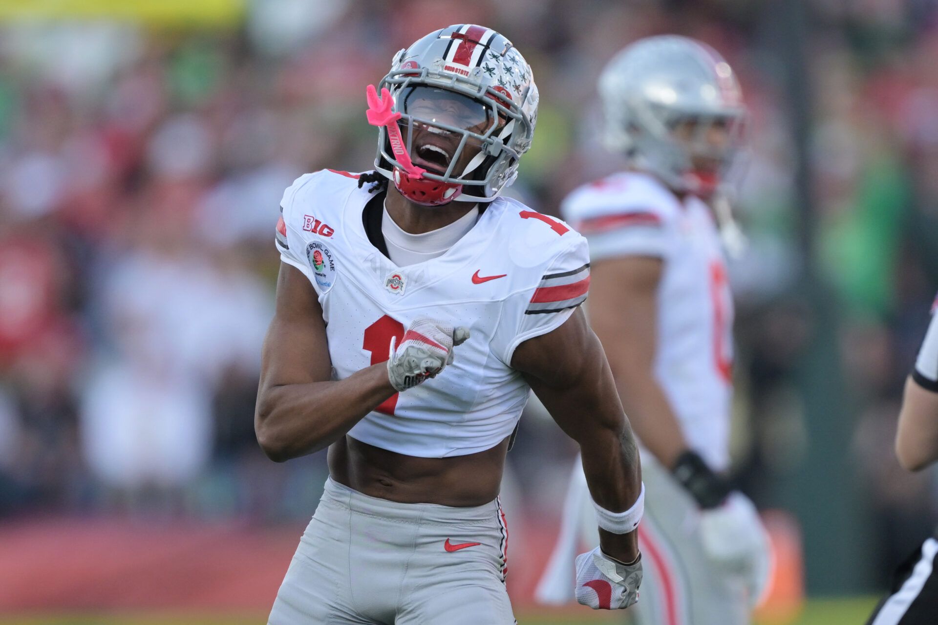 Jan 1, 2025; Pasadena, CA, USA; Ohio State Buckeyes running back Quinshon Judkins (1) reacts in the second quarter against the Oregon Ducks in the 2025 Rose Bowl college football quarterfinal game at Rose Bowl Stadium. Mandatory Credit: Jayne Kamin-Oncea-Imagn Images