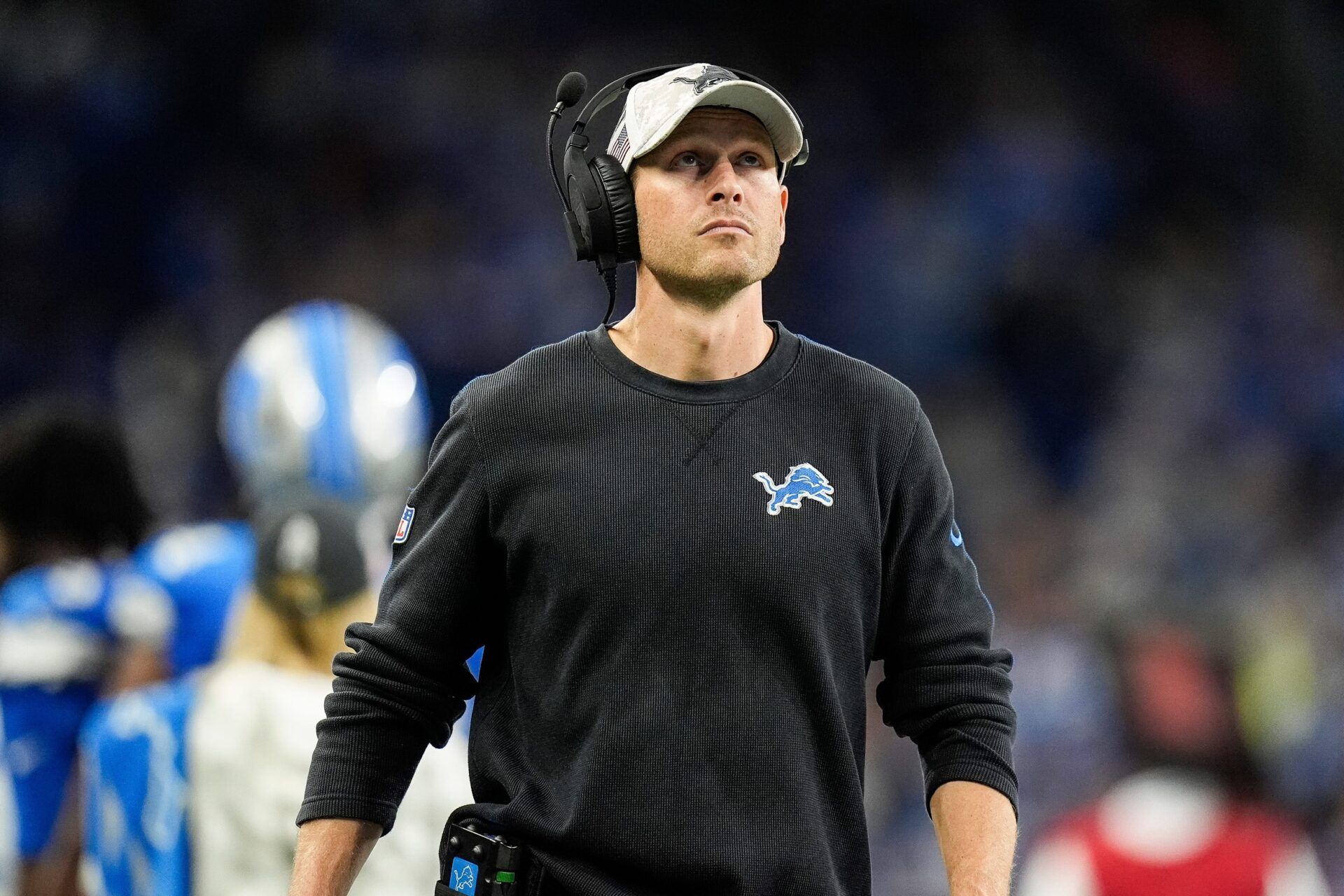 Detroit Lions offensive coordinator Ben Johnson watches a replay against Jacksonville Jaguars during the second half at Ford Field in Detroit on Sunday, Nov. 17, 2024.