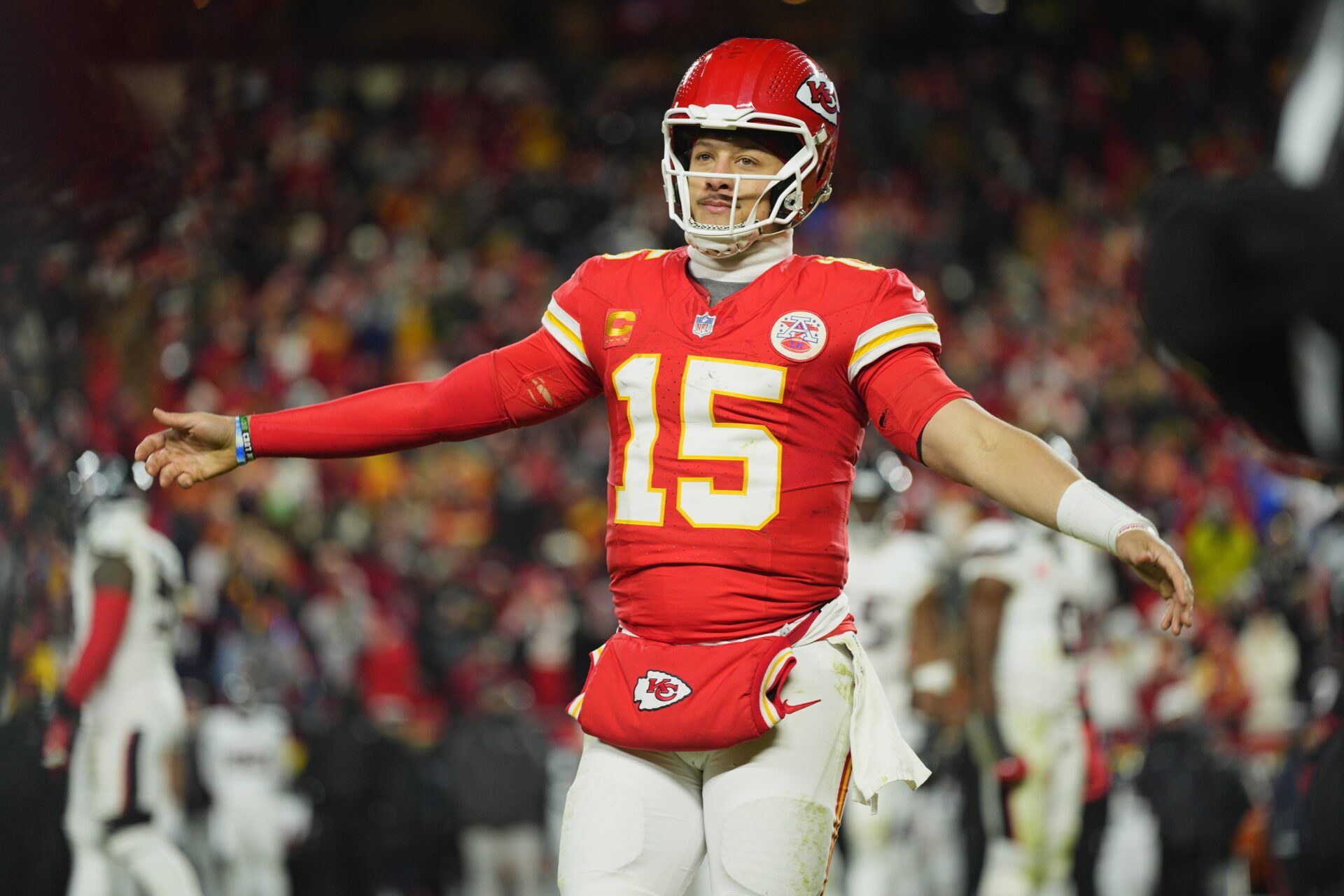 Kansas City Chiefs quarterback Patrick Mahomes (15) reacts during the fourth quarter of a 2025 AFC divisional round game against the Houston Texans at GEHA Field at Arrowhead Stadium.