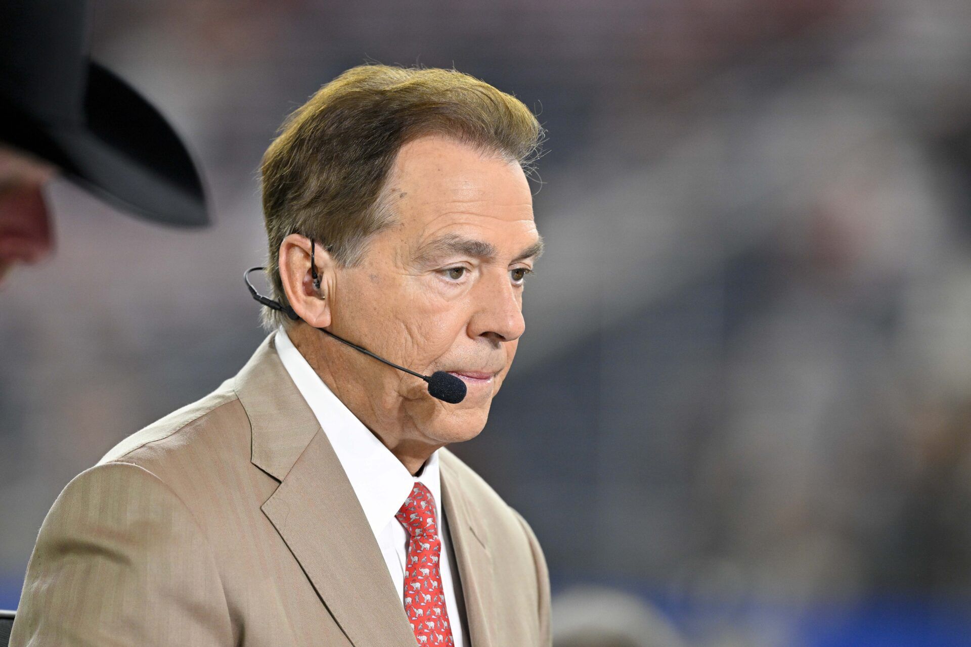 ESPN College Gameday analyst Nick Saban before the game between the Texas Longhorns and the Ohio State Buckeyes at AT&T Stadium.