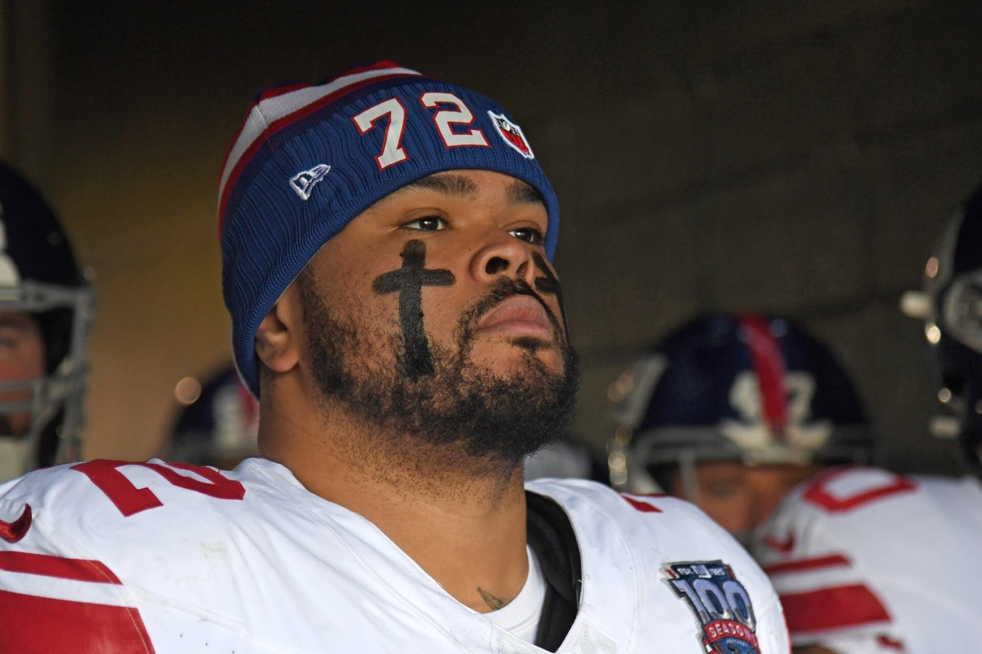 New York Giants guard Jermaine Eluemunor (72) in the tunnel against the Philadelphia Eagles at Lincoln Financial Field.