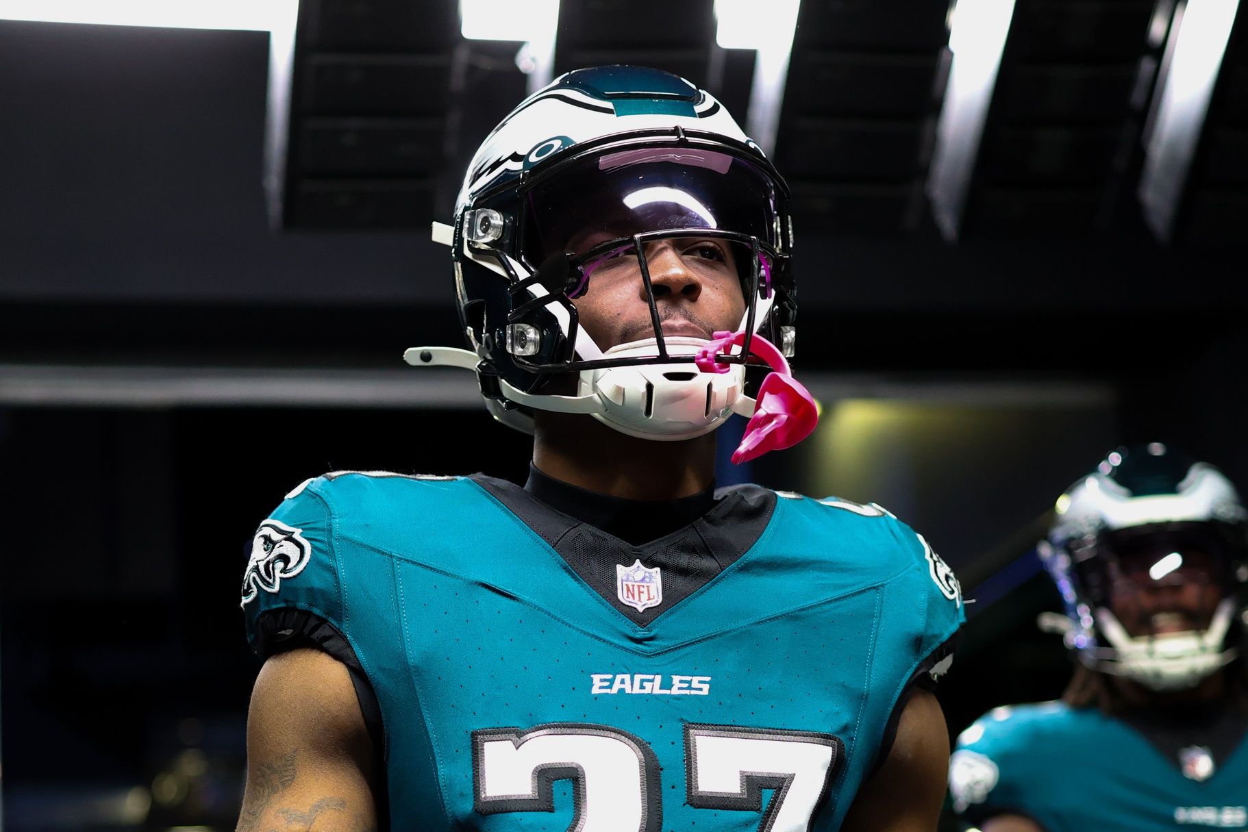 Philadelphia Eagles cornerback Quinyon Mitchell (27) walks out of the tunnel for action against the Carolina Panthers at Lincoln Financial Field.